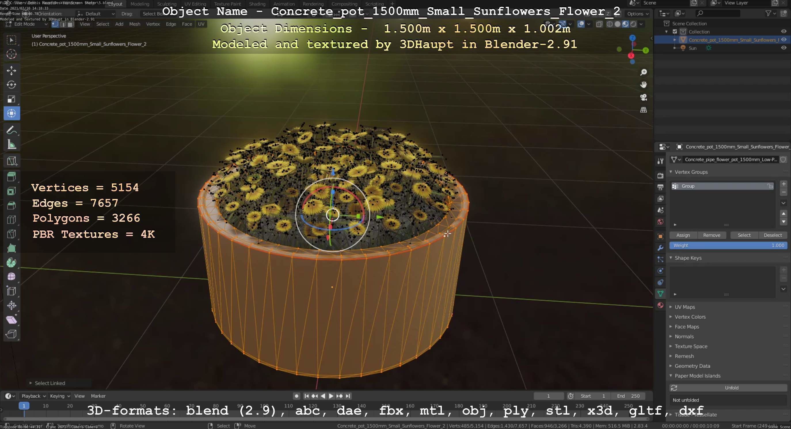 Concrete Pipe Pot 1500mm with Small Sunflowers Version 2 Low-poly 3D model_108