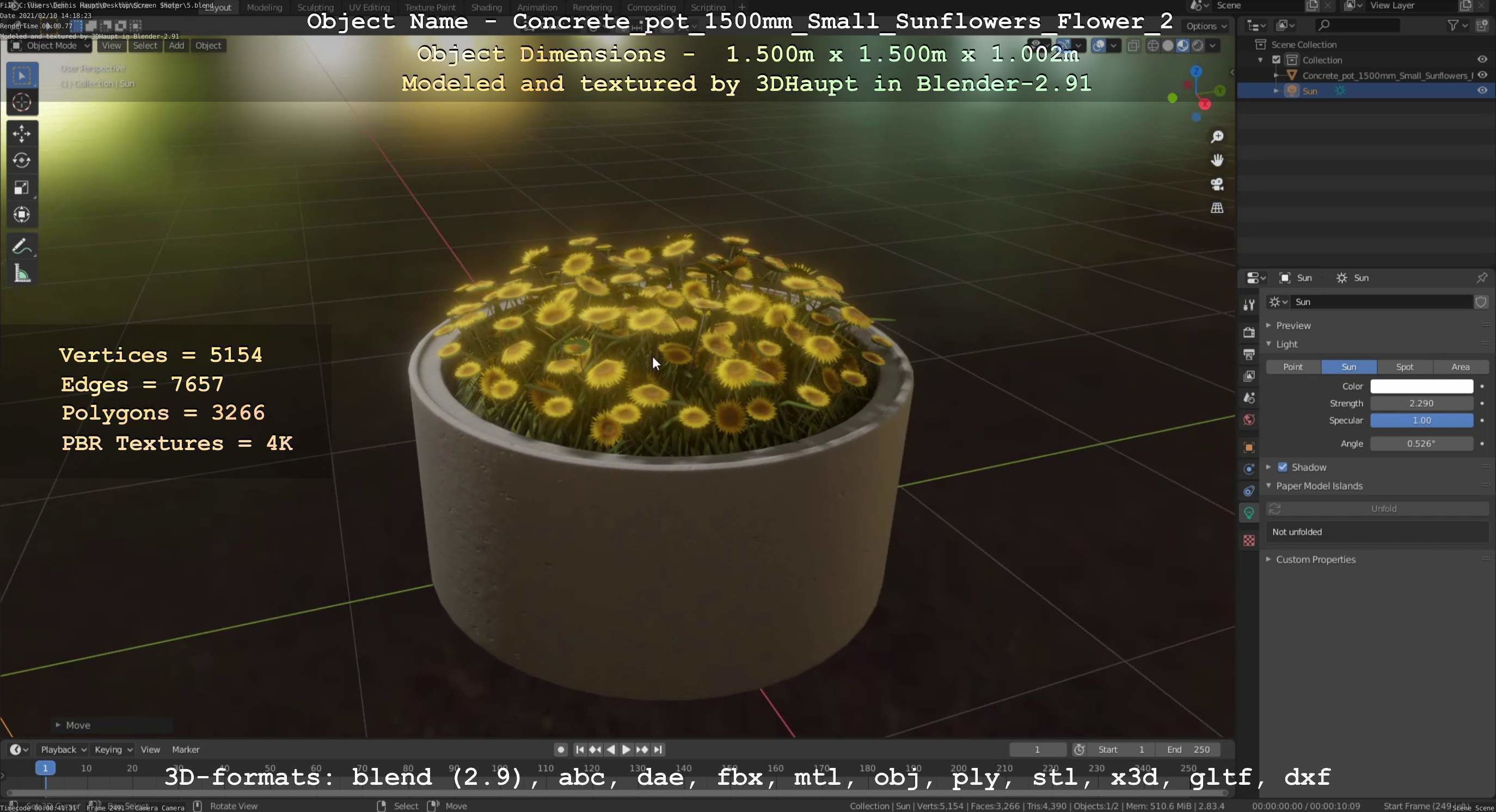 Concrete Pipe Pot 1500mm with Small Sunflowers Version 2 Low-poly 3D model_52