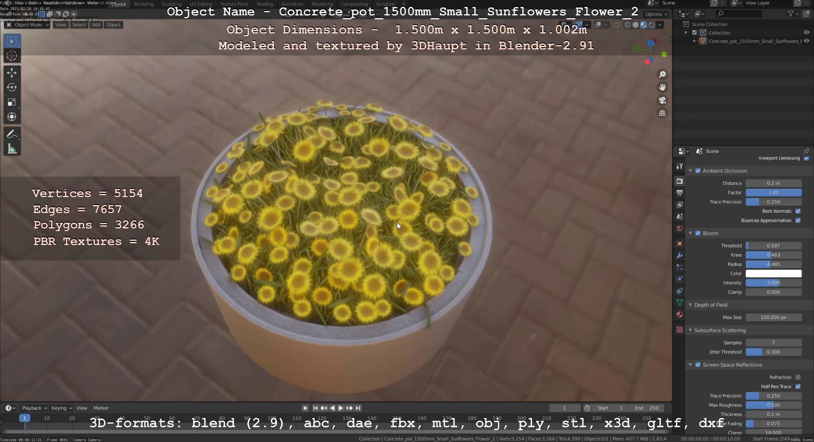 Concrete Pipe Pot 1500mm with Small Sunflowers Version 2 Low-poly 3D model_34
