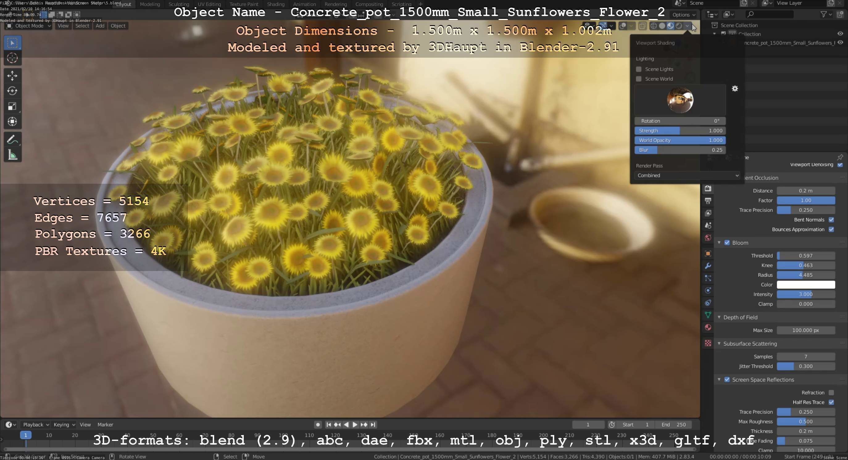 Concrete Pipe Pot 1500mm with Small Sunflowers Version 2 Low-poly 3D model_94