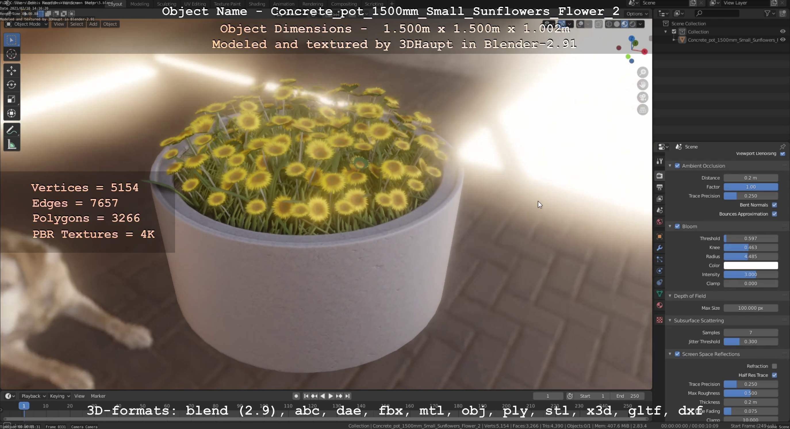 Concrete Pipe Pot 1500mm with Small Sunflowers Version 2 Low-poly 3D model_71