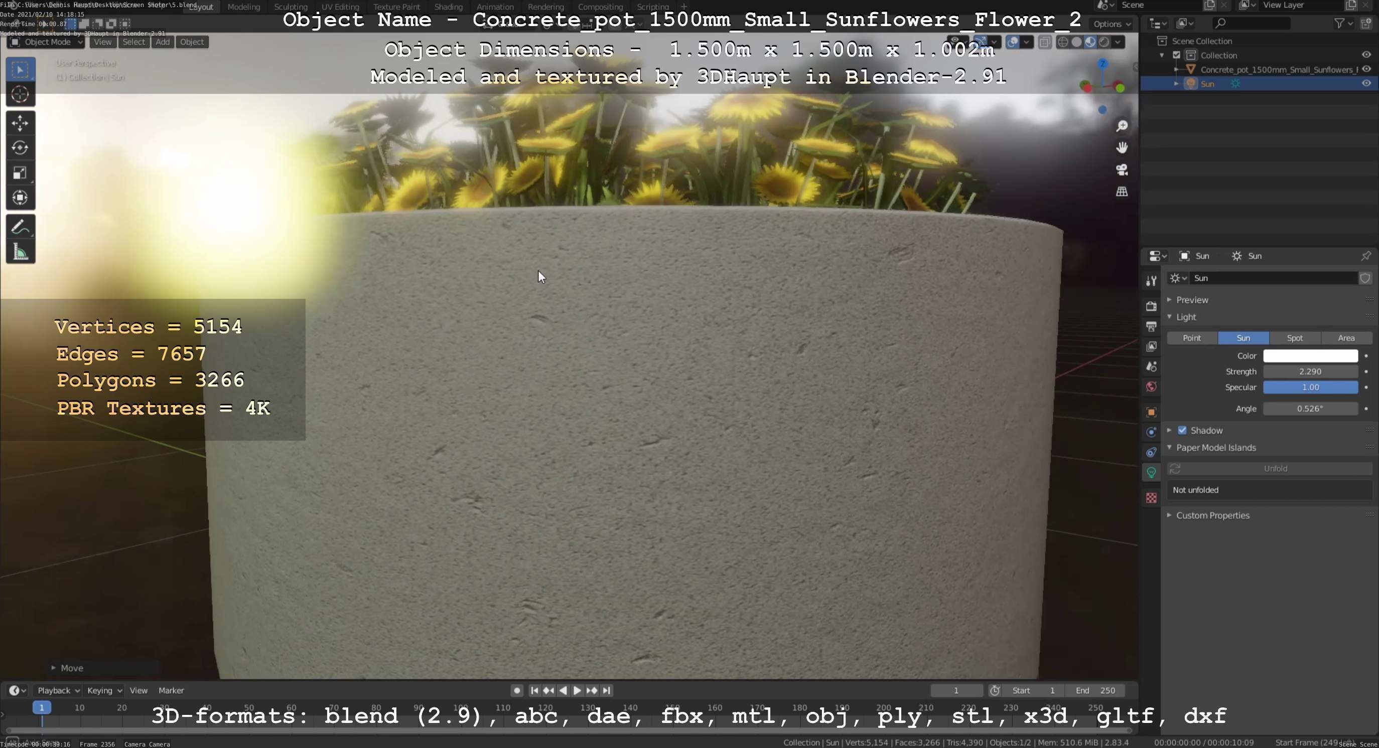 Concrete Pipe Pot 1500mm with Small Sunflowers Version 2 Low-poly 3D model_103