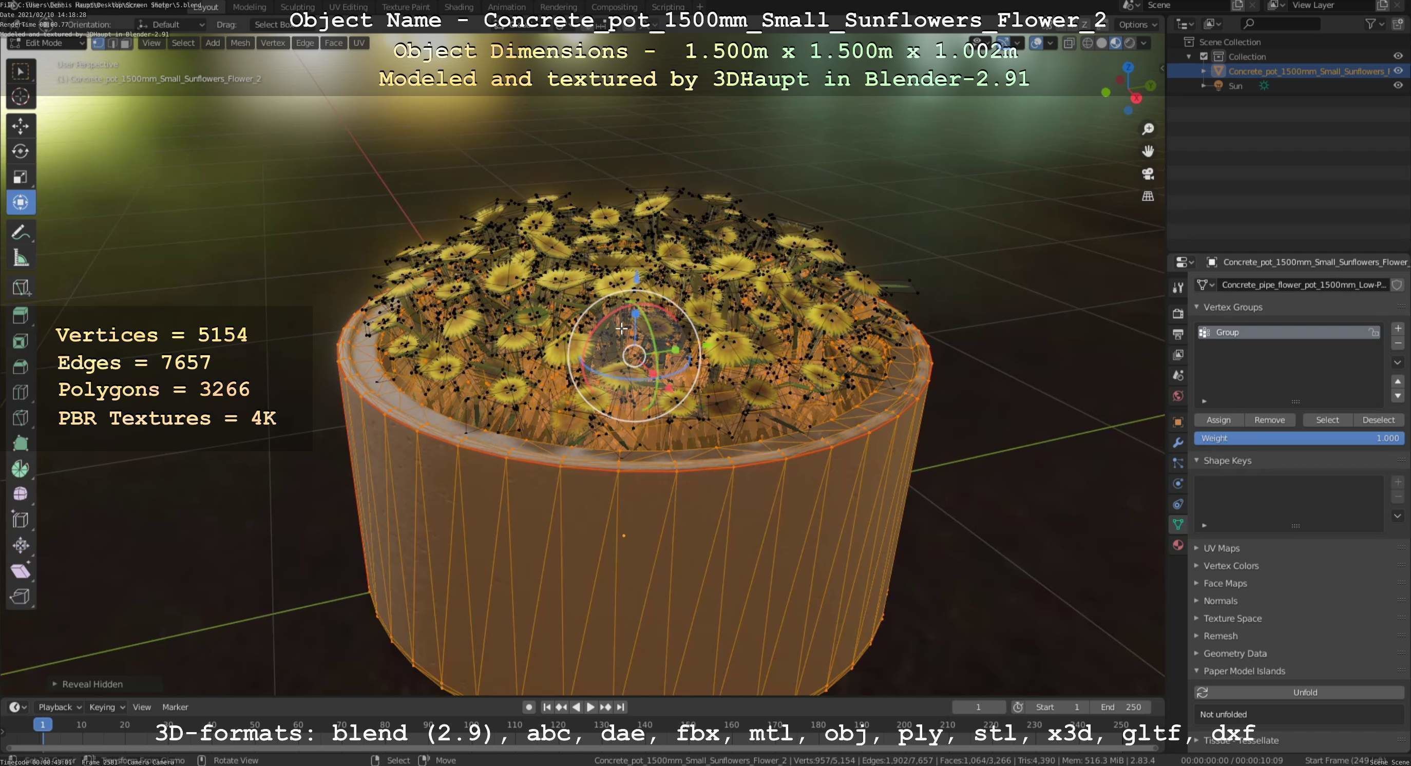 Concrete Pipe Pot 1500mm with Small Sunflowers Version 2 Low-poly 3D model_9