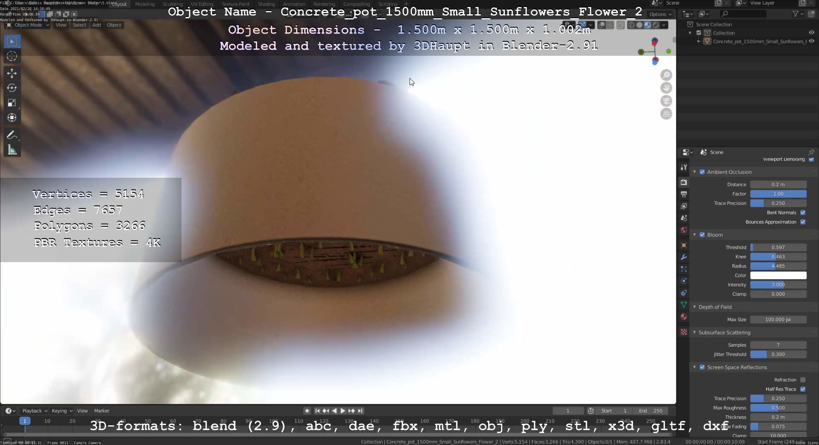 Concrete Pipe Pot 1500mm with Small Sunflowers Version 2 Low-poly 3D model_90