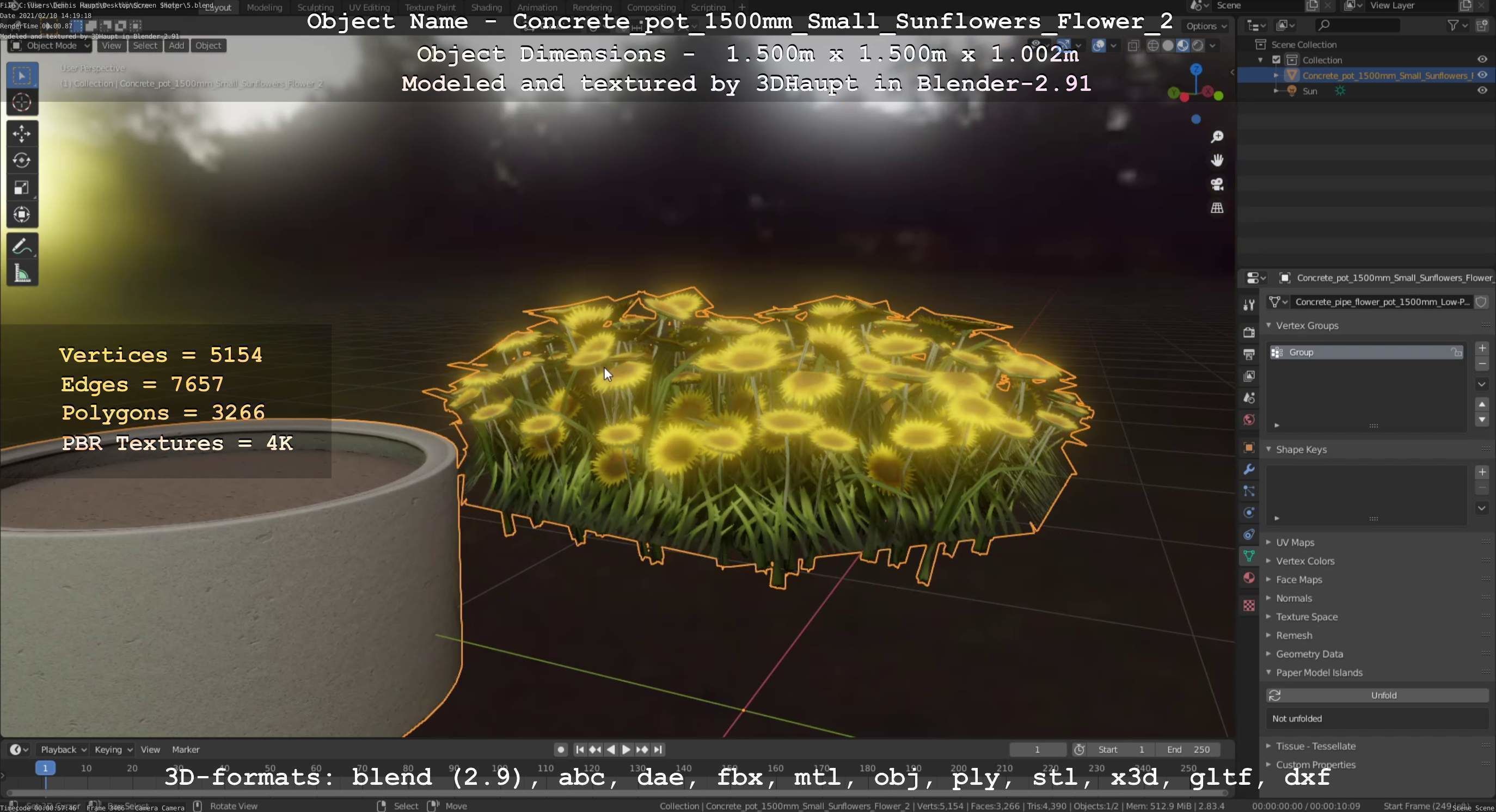 Concrete Pipe Pot 1500mm with Small Sunflowers Version 2 Low-poly 3D model_21