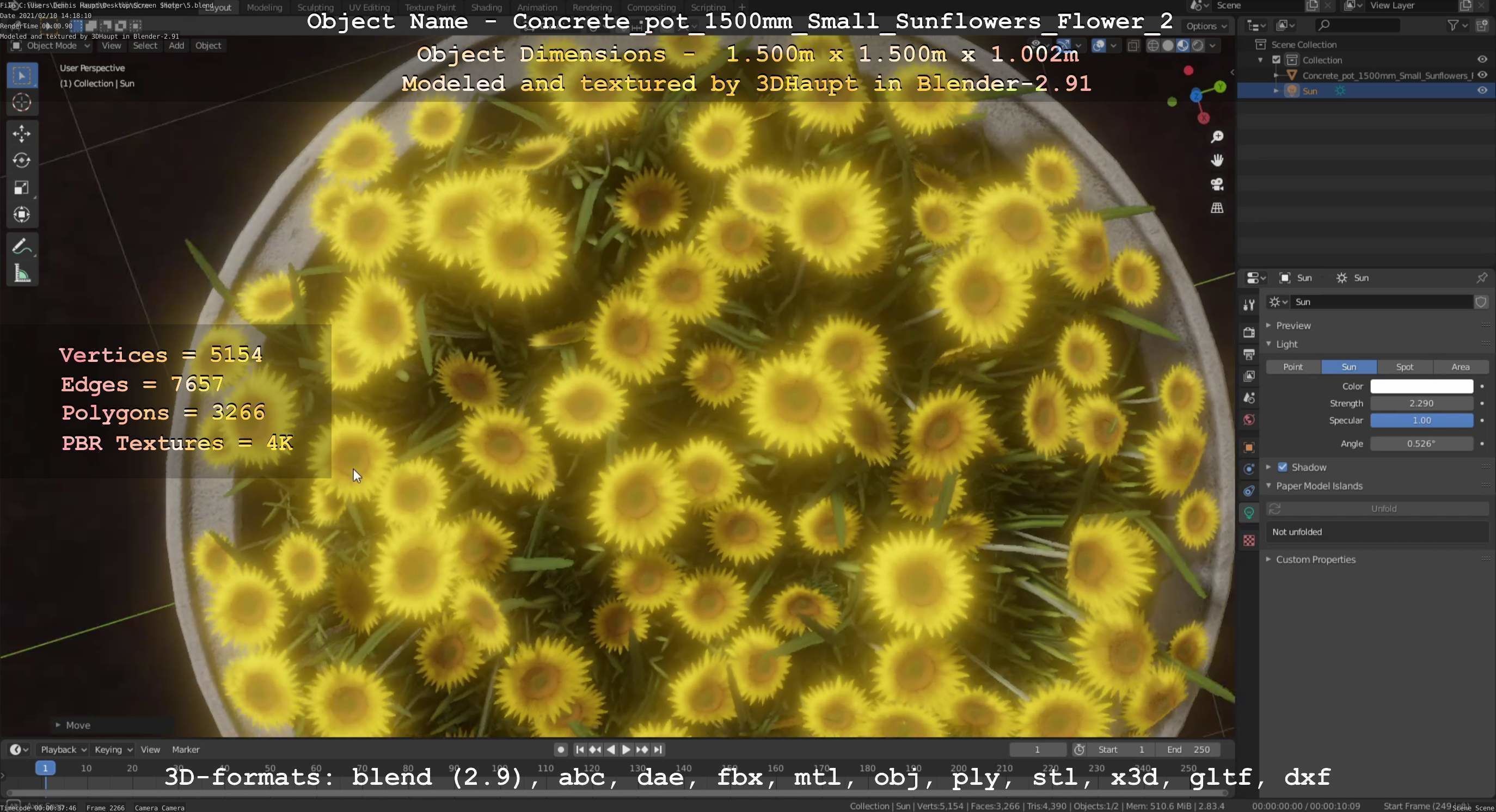 Concrete Pipe Pot 1500mm with Small Sunflowers Version 2 Low-poly 3D model_3