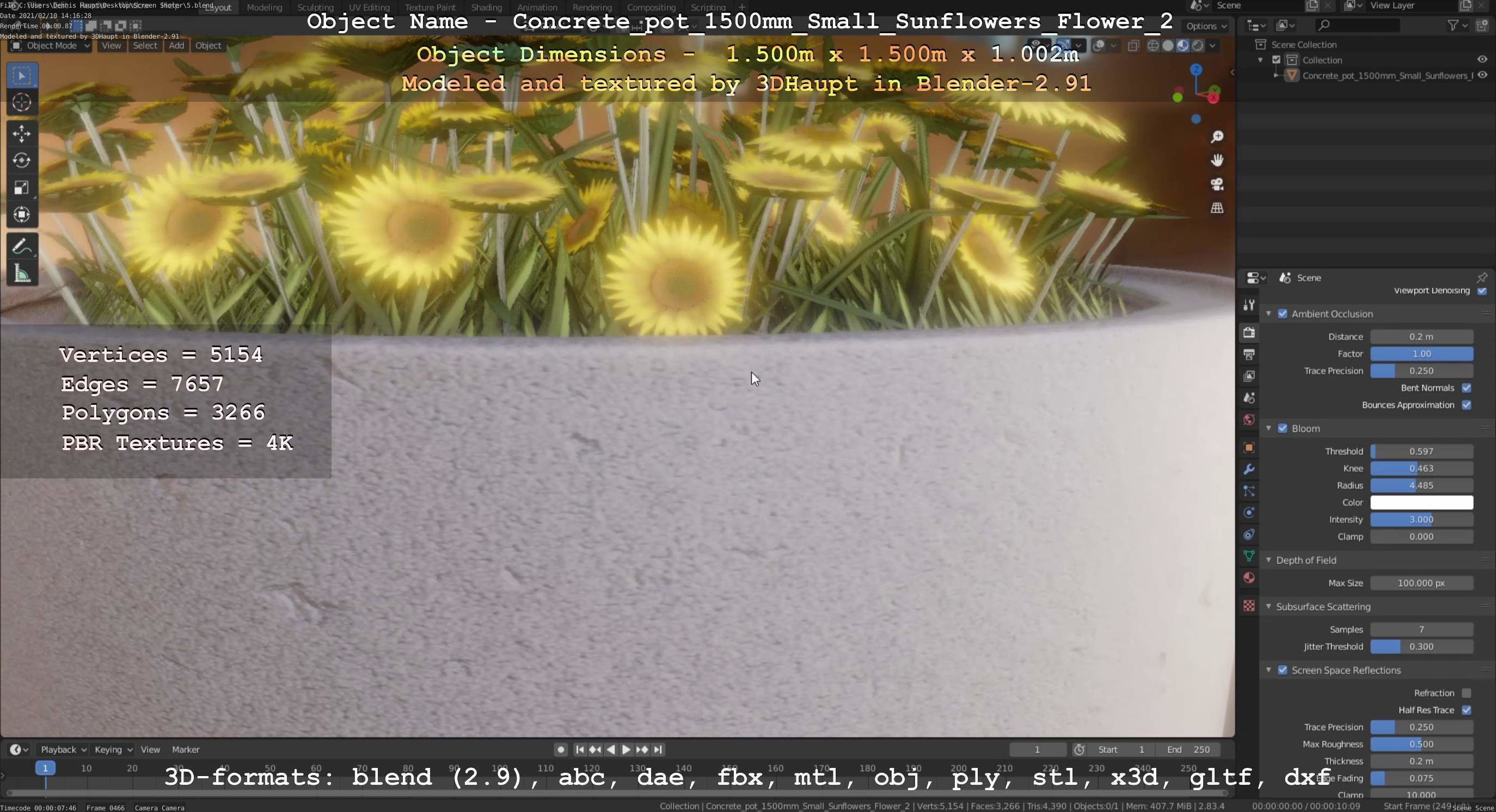 Concrete Pipe Pot 1500mm with Small Sunflowers Version 2 Low-poly 3D model_77