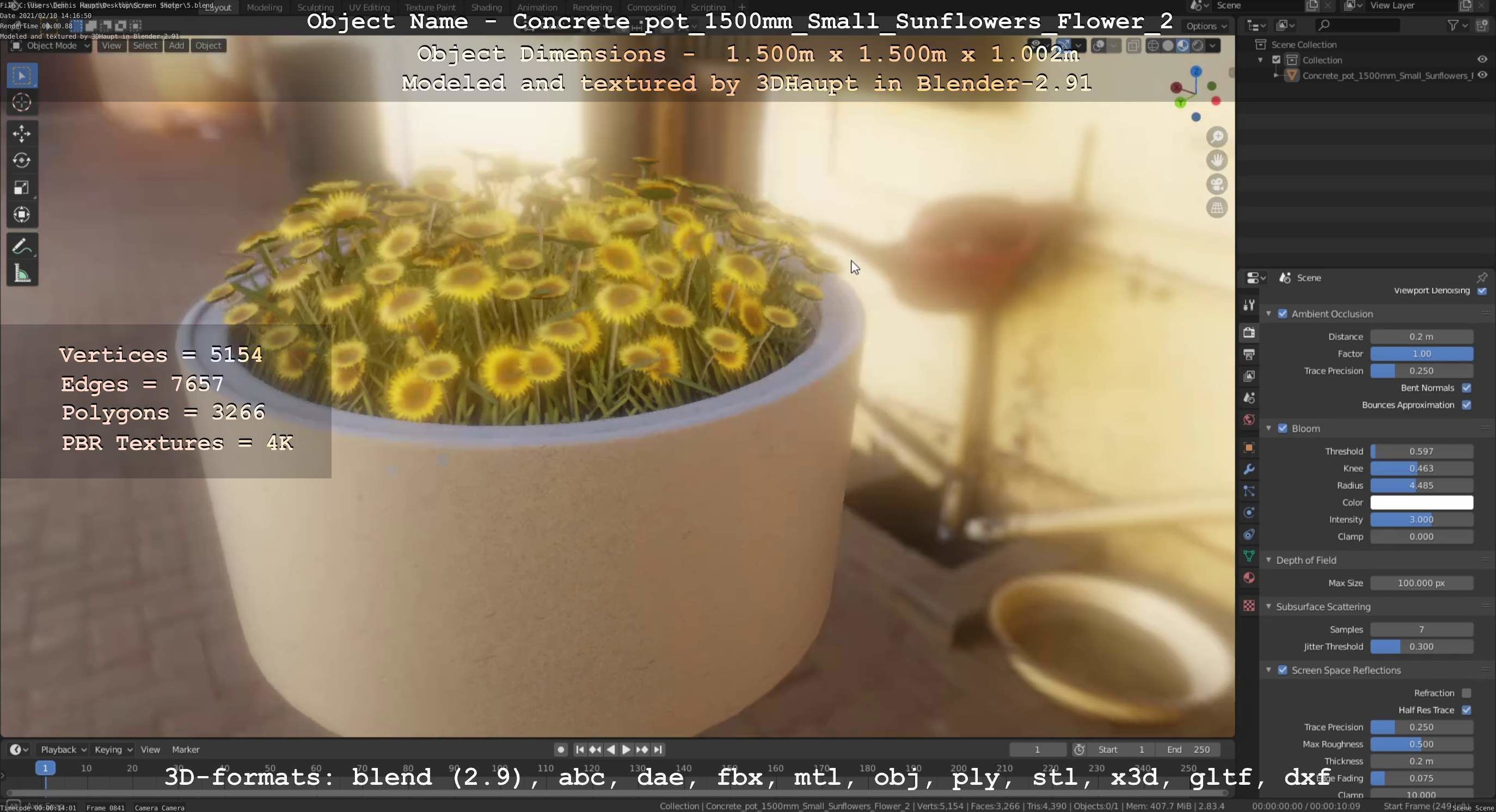 Concrete Pipe Pot 1500mm with Small Sunflowers Version 2 Low-poly 3D model_91