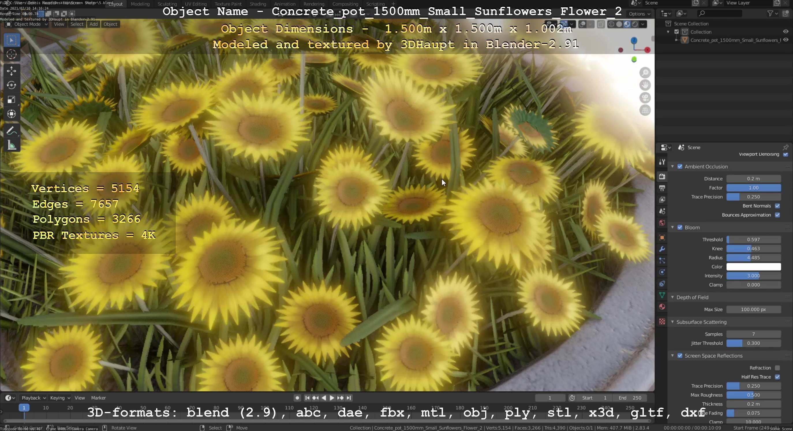Concrete Pipe Pot 1500mm with Small Sunflowers Version 2 Low-poly 3D model_30