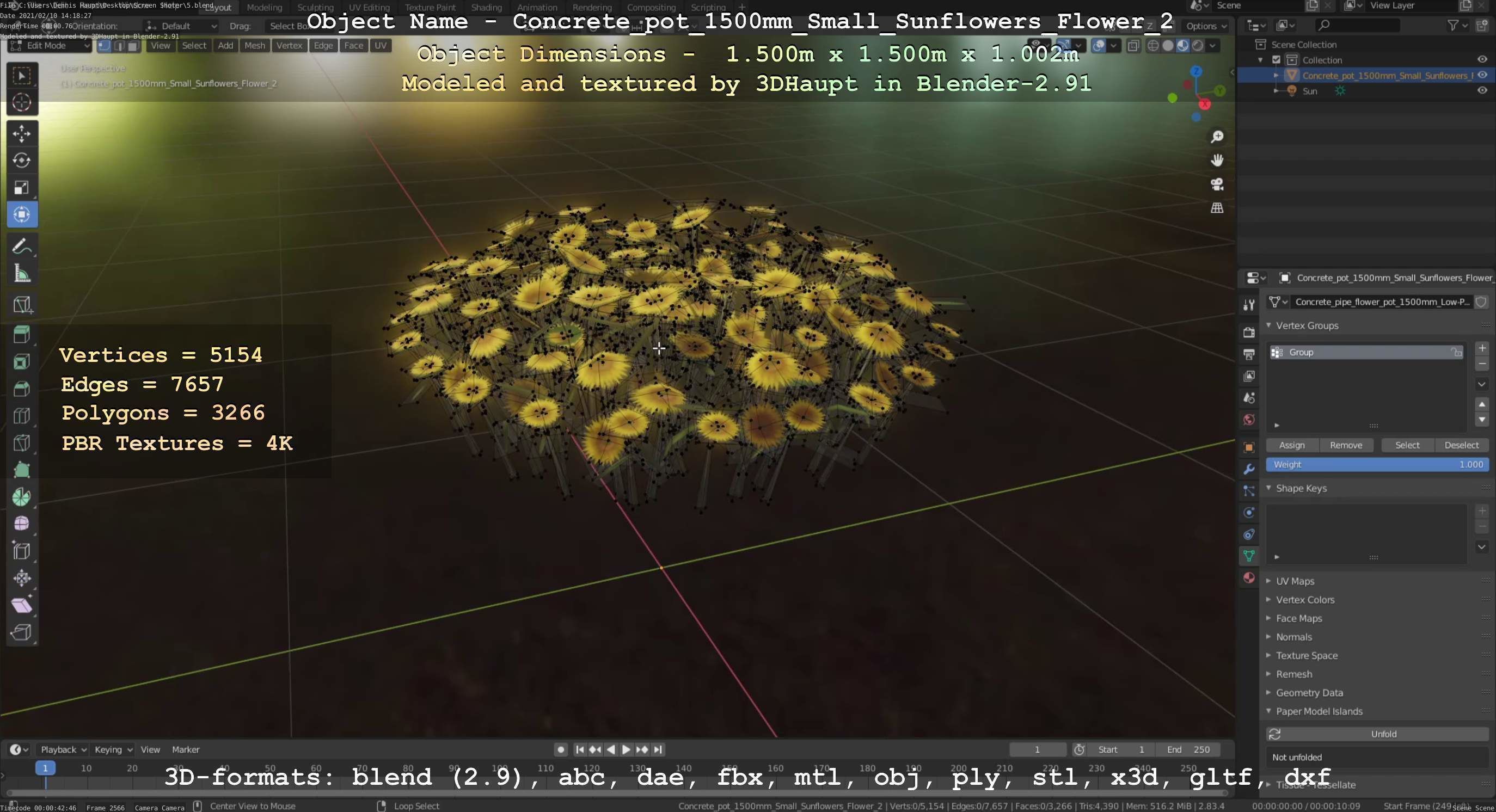 Concrete Pipe Pot 1500mm with Small Sunflowers Version 2 Low-poly 3D model_8