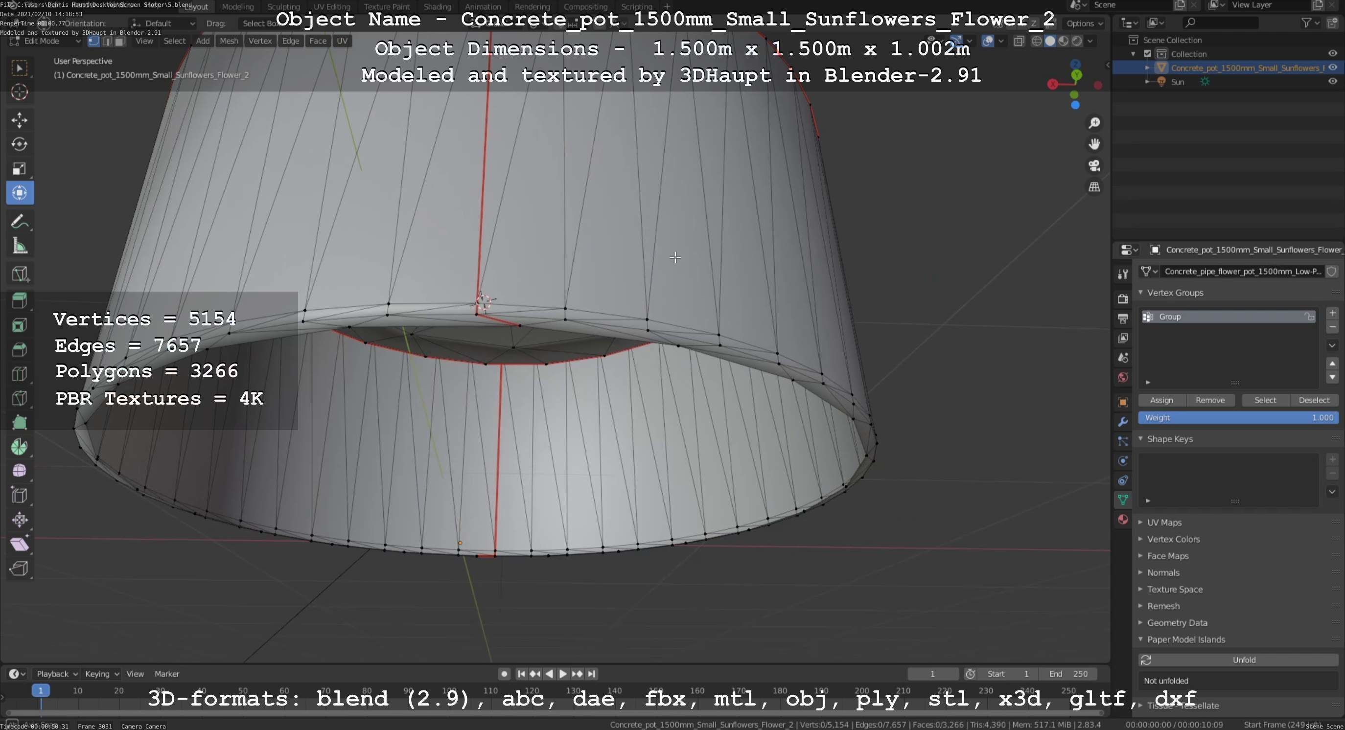Concrete Pipe Pot 1500mm with Small Sunflowers Version 2 Low-poly 3D model_15