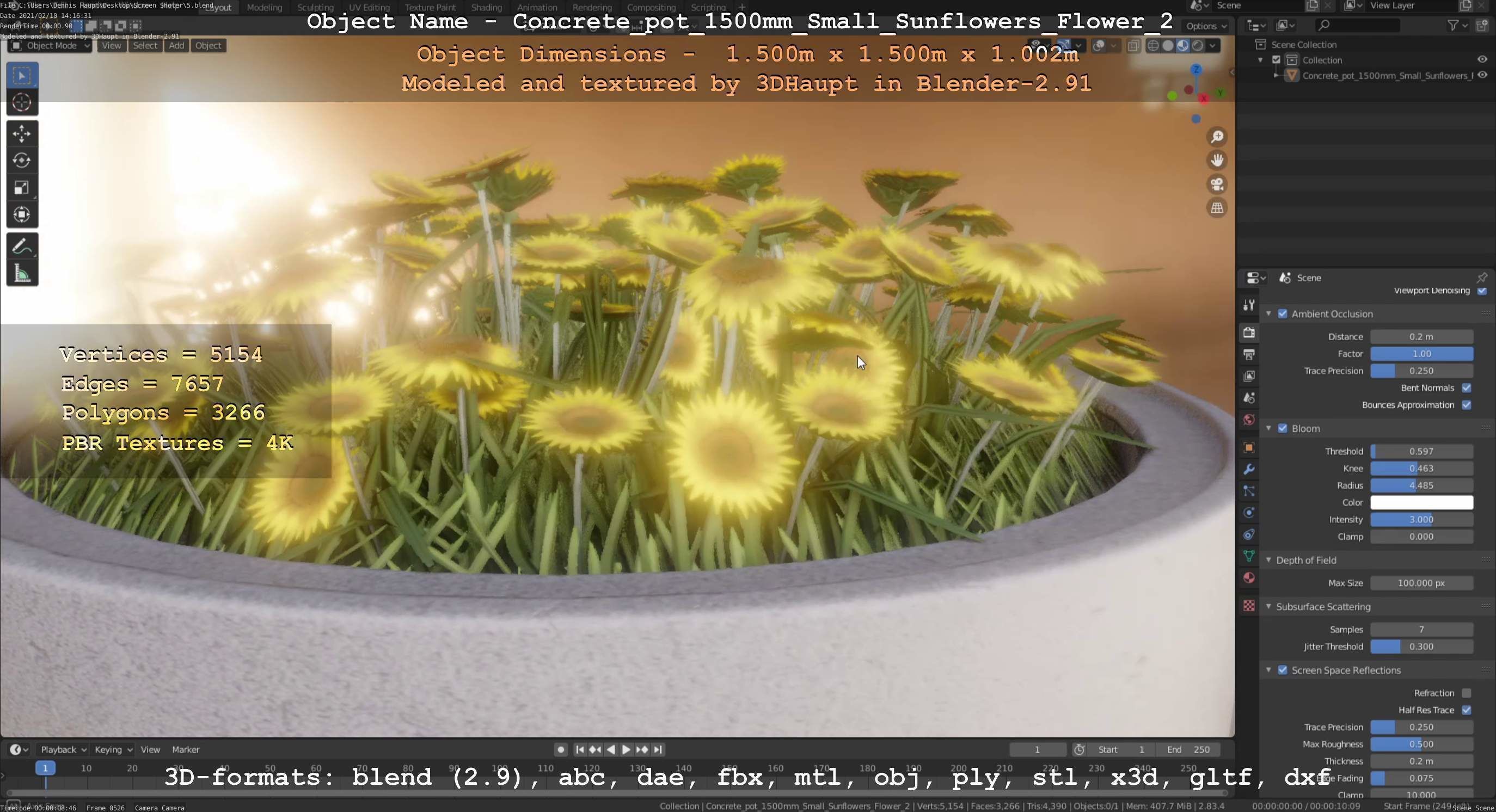Concrete Pipe Pot 1500mm with Small Sunflowers Version 2 Low-poly 3D model_80