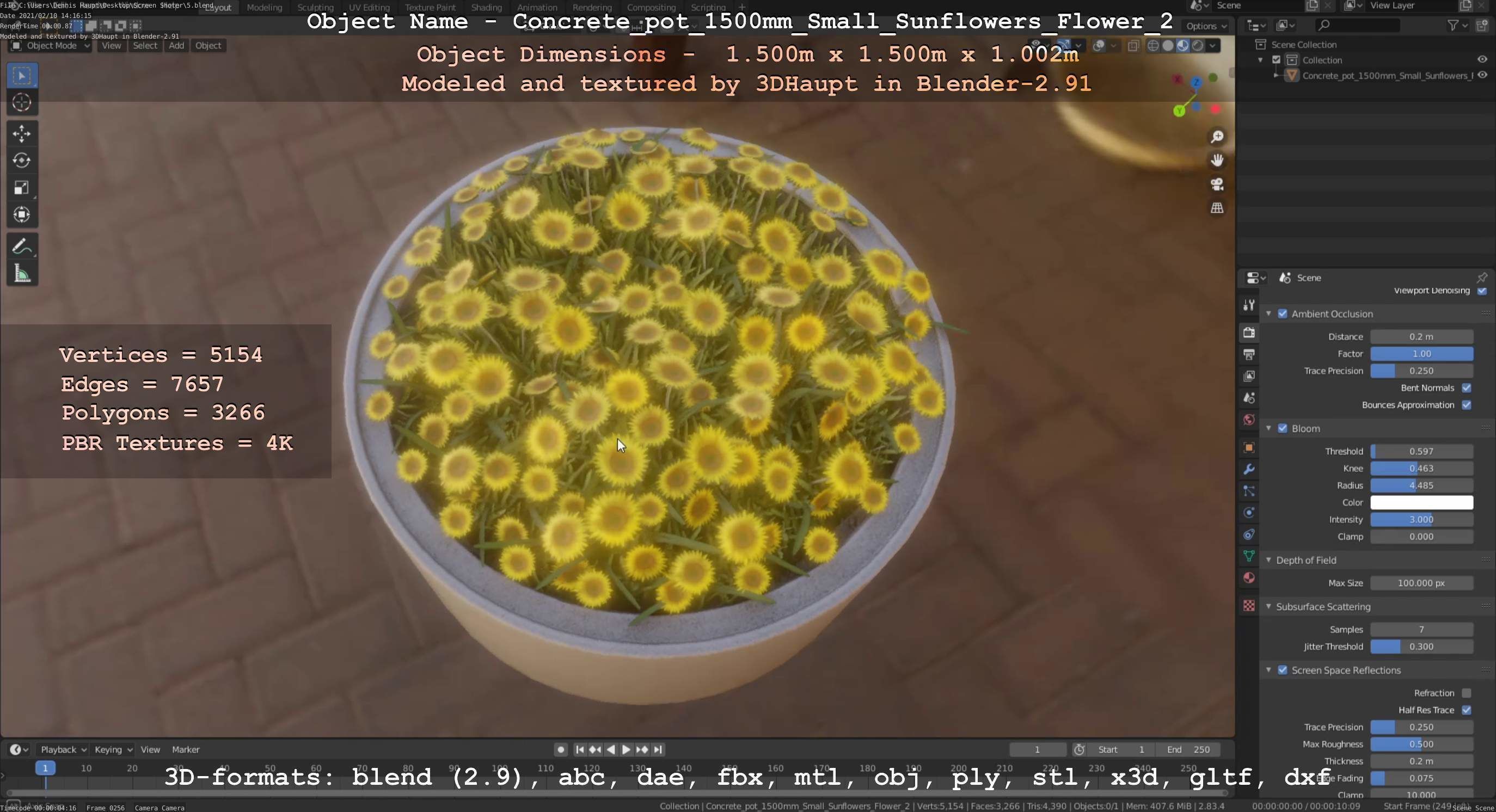 Concrete Pipe Pot 1500mm with Small Sunflowers Version 2 Low-poly 3D model_69