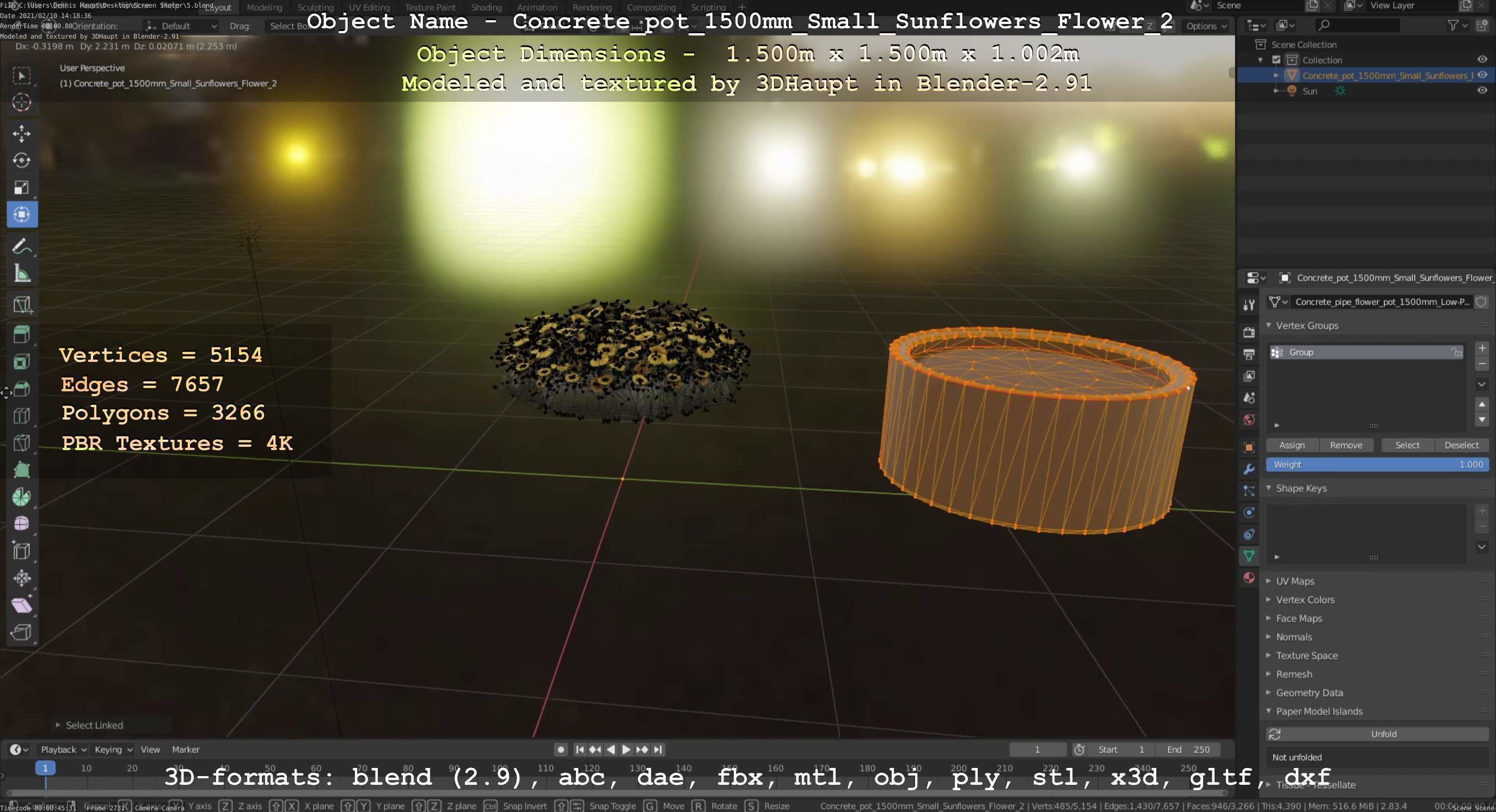 Concrete Pipe Pot 1500mm with Small Sunflowers Version 2 Low-poly 3D model_42