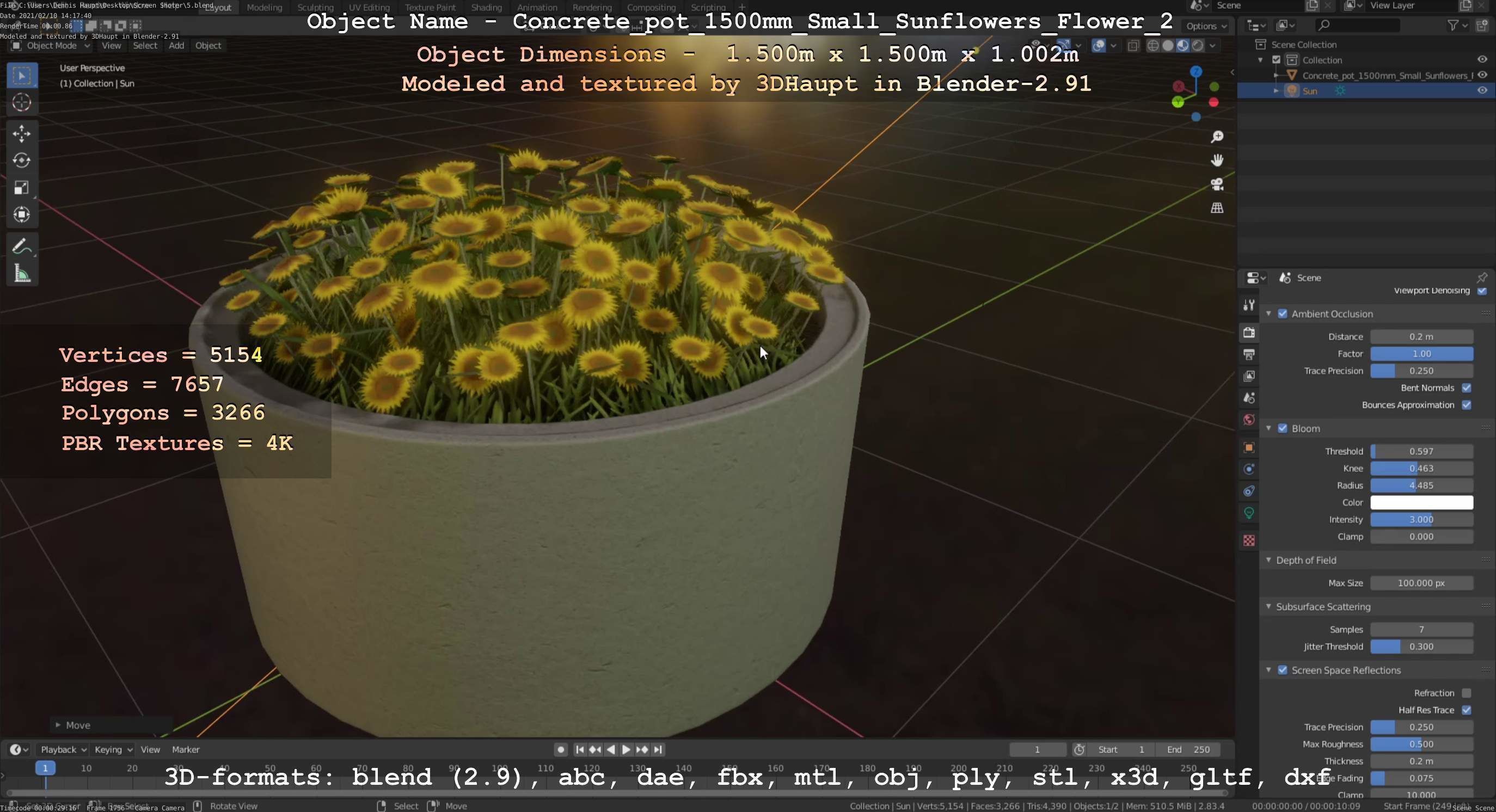 Concrete Pipe Pot 1500mm with Small Sunflowers Version 2 Low-poly 3D model_35