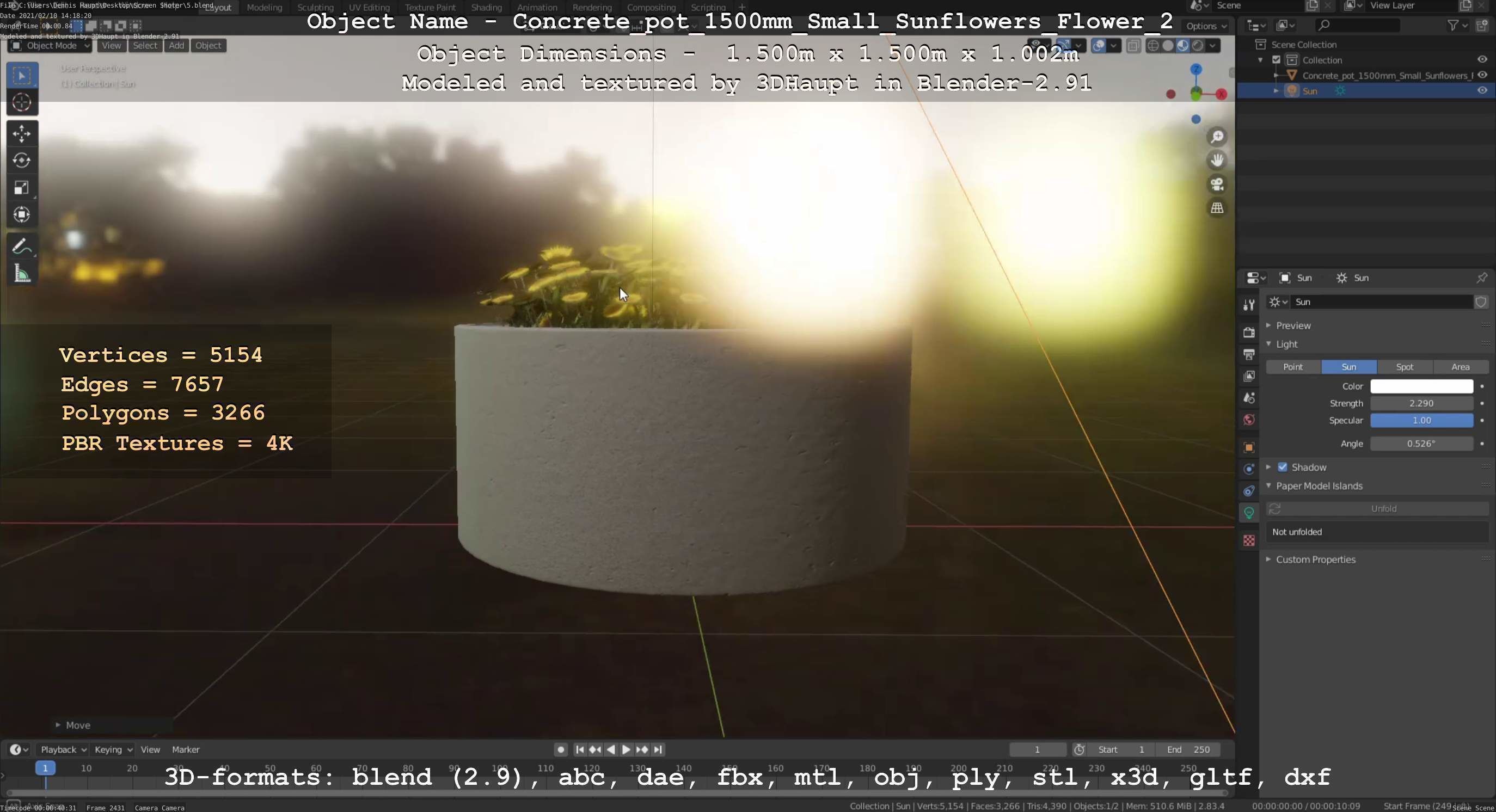Concrete Pipe Pot 1500mm with Small Sunflowers Version 2 Low-poly 3D model_41