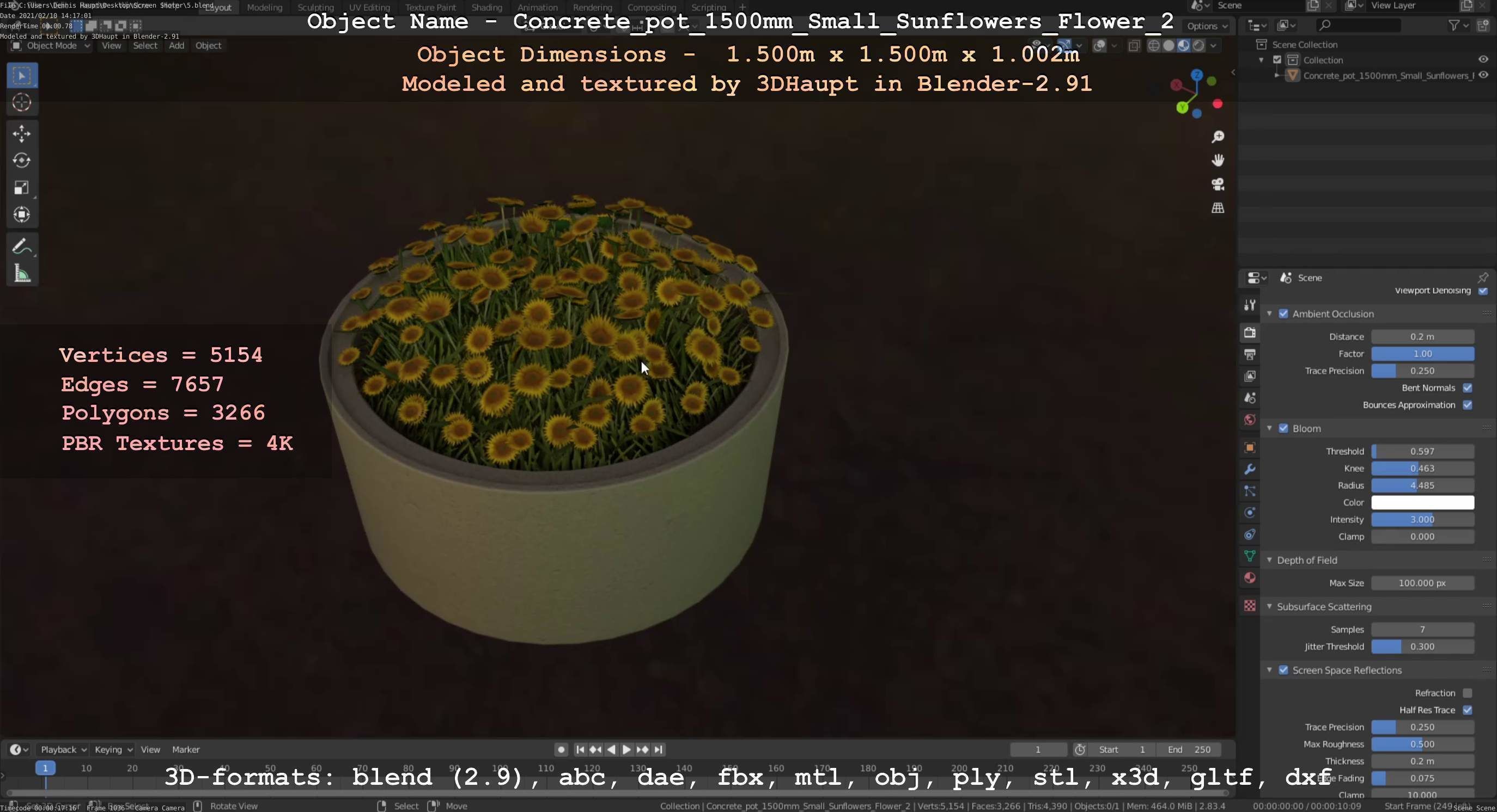 Concrete Pipe Pot 1500mm with Small Sunflowers Version 2 Low-poly 3D model_13