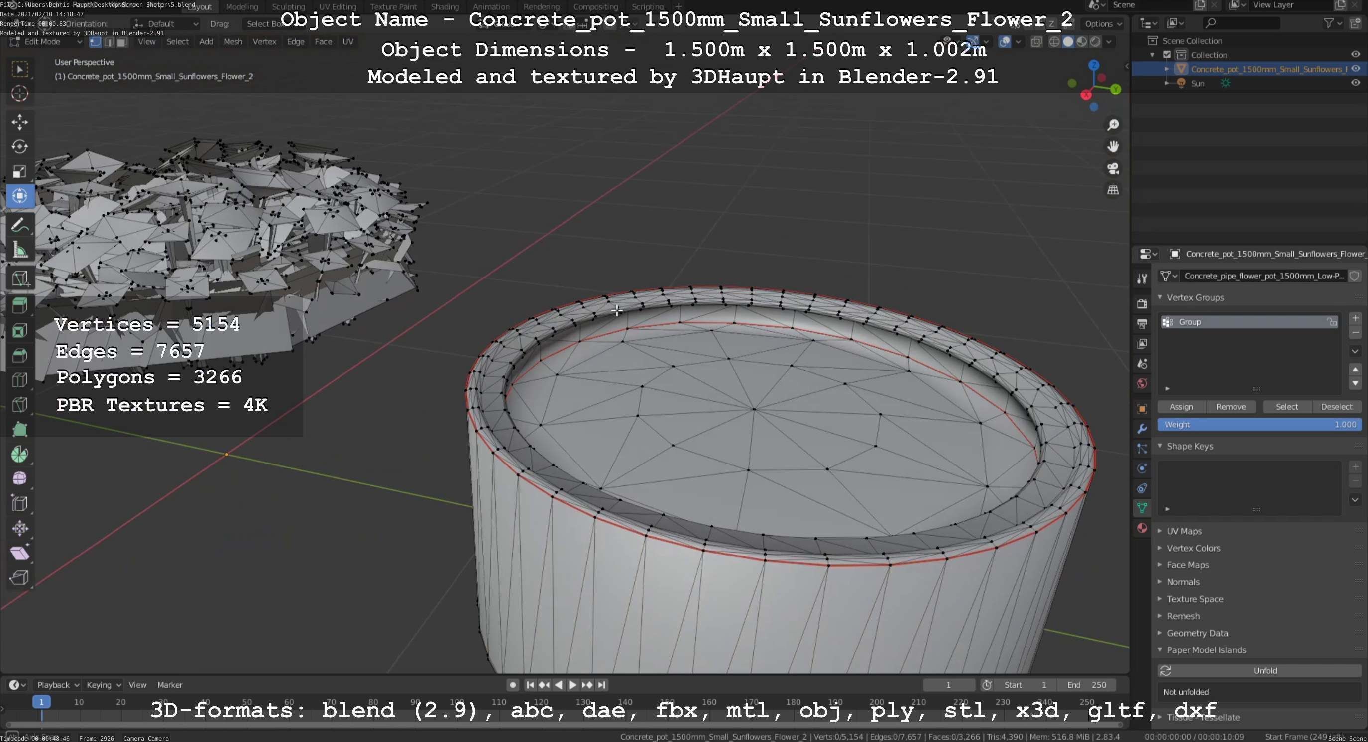 Concrete Pipe Pot 1500mm with Small Sunflowers Version 2 Low-poly 3D model_14