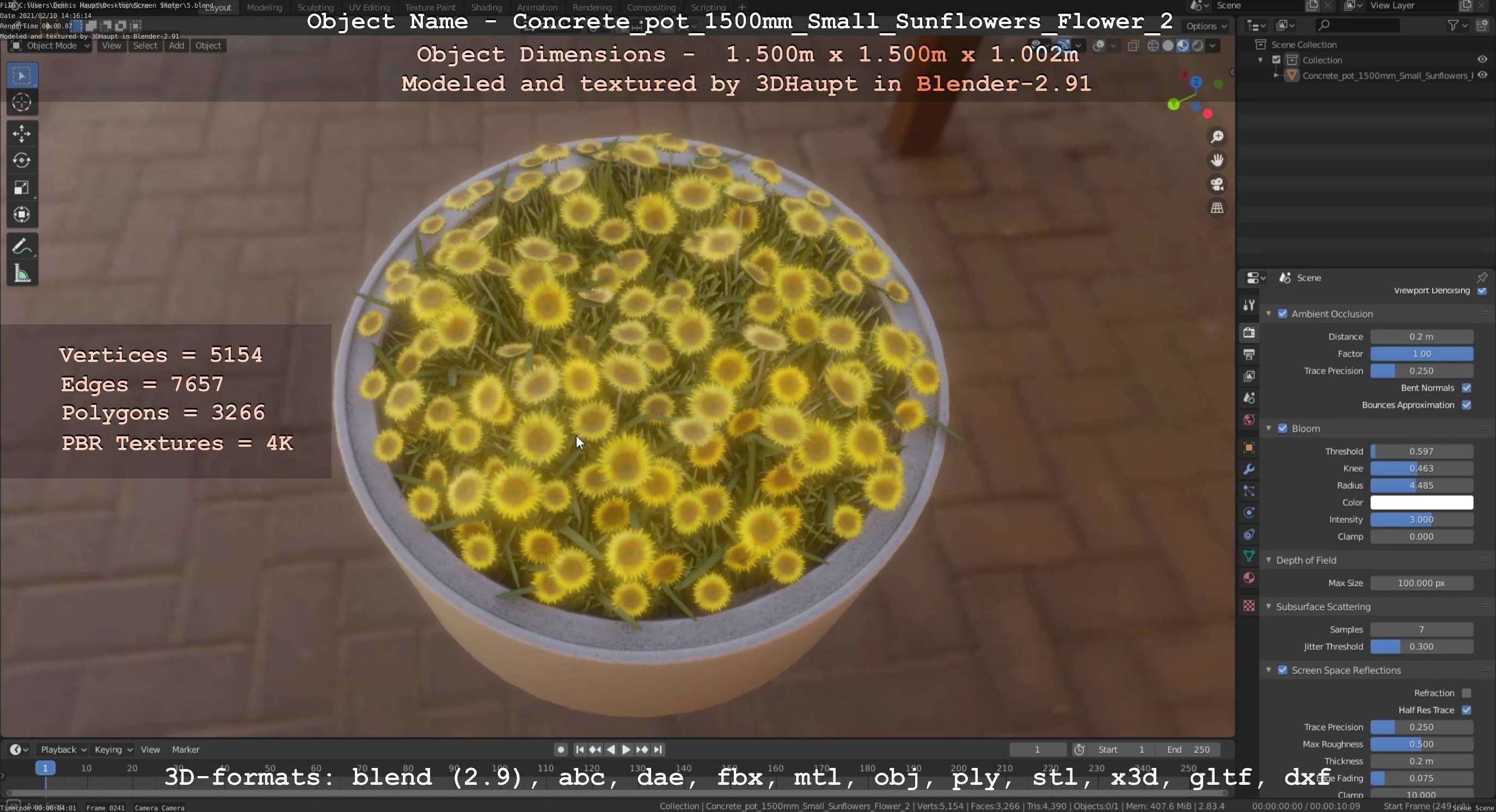 Concrete Pipe Pot 1500mm with Small Sunflowers Version 2 Low-poly 3D model_68