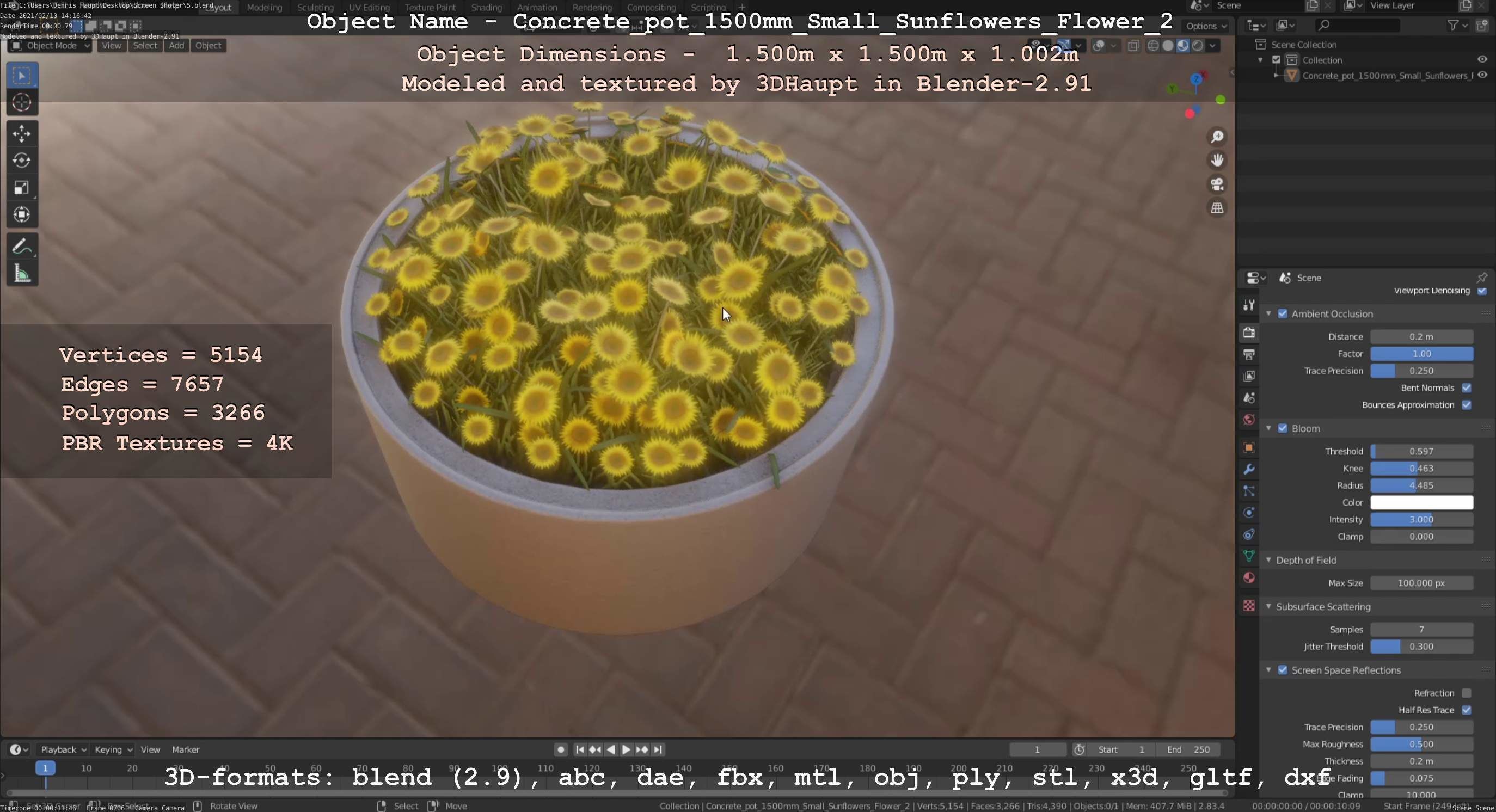 Concrete Pipe Pot 1500mm with Small Sunflowers Version 2 Low-poly 3D model_84