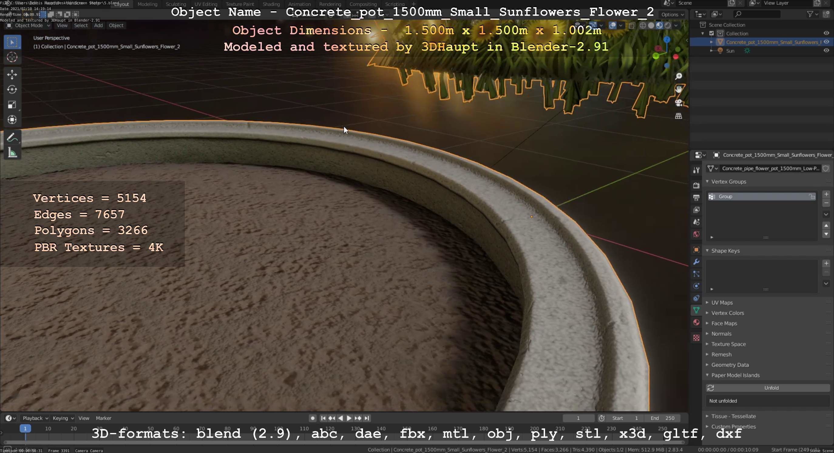Concrete Pipe Pot 1500mm with Small Sunflowers Version 2 Low-poly 3D model_60
