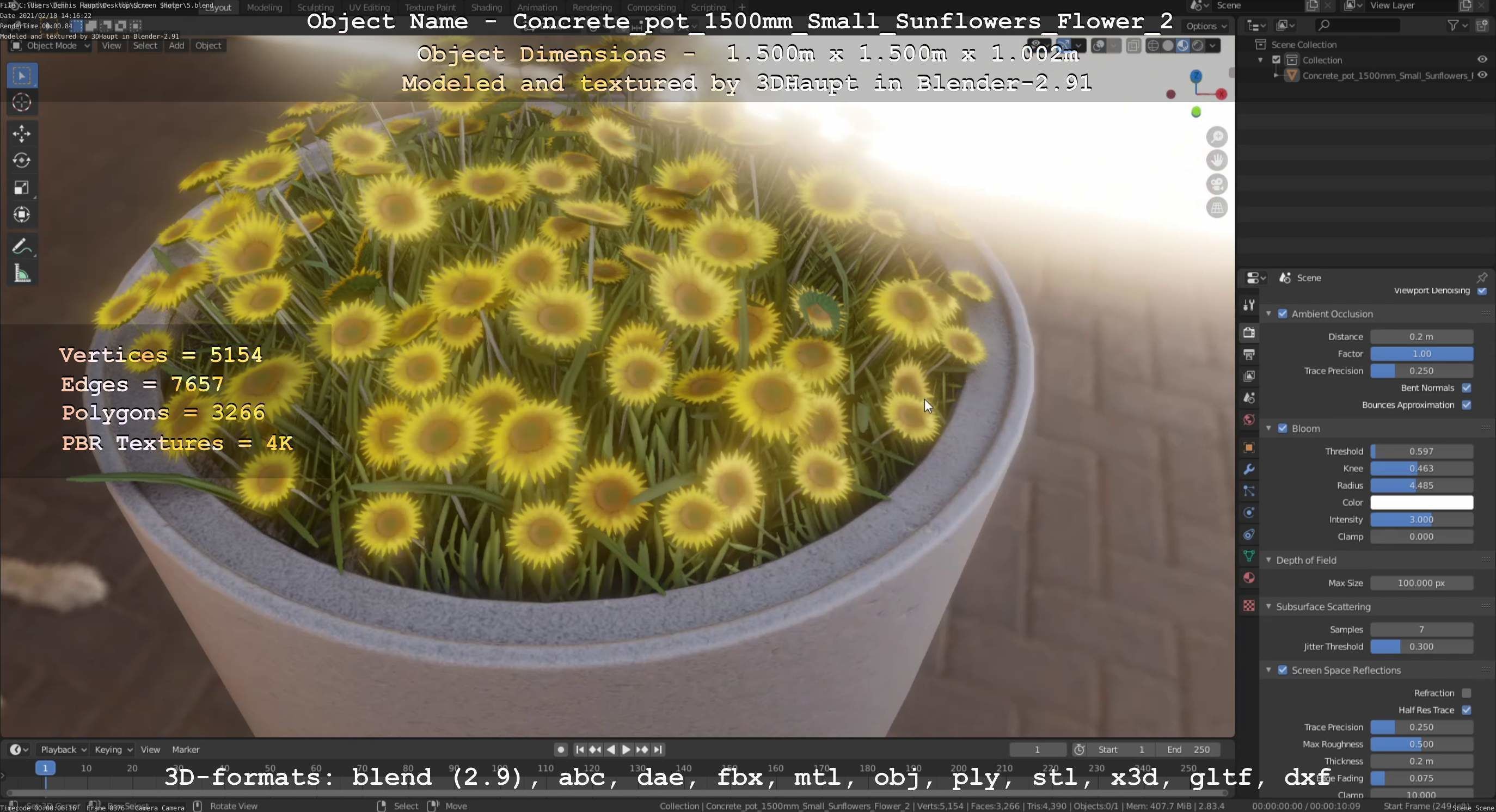 Concrete Pipe Pot 1500mm with Small Sunflowers Version 2 Low-poly 3D model_29