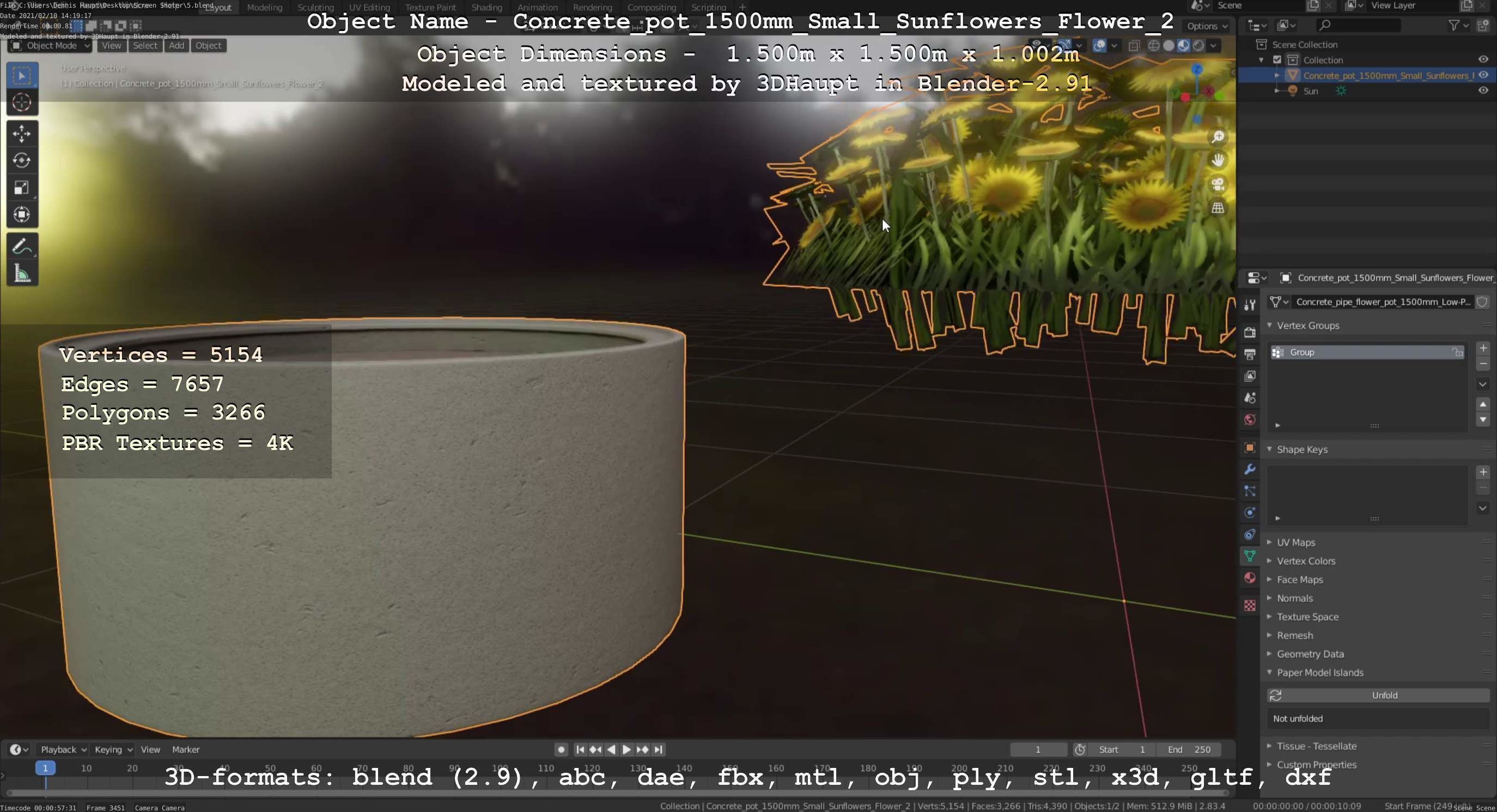 Concrete Pipe Pot 1500mm with Small Sunflowers Version 2 Low-poly 3D model_62