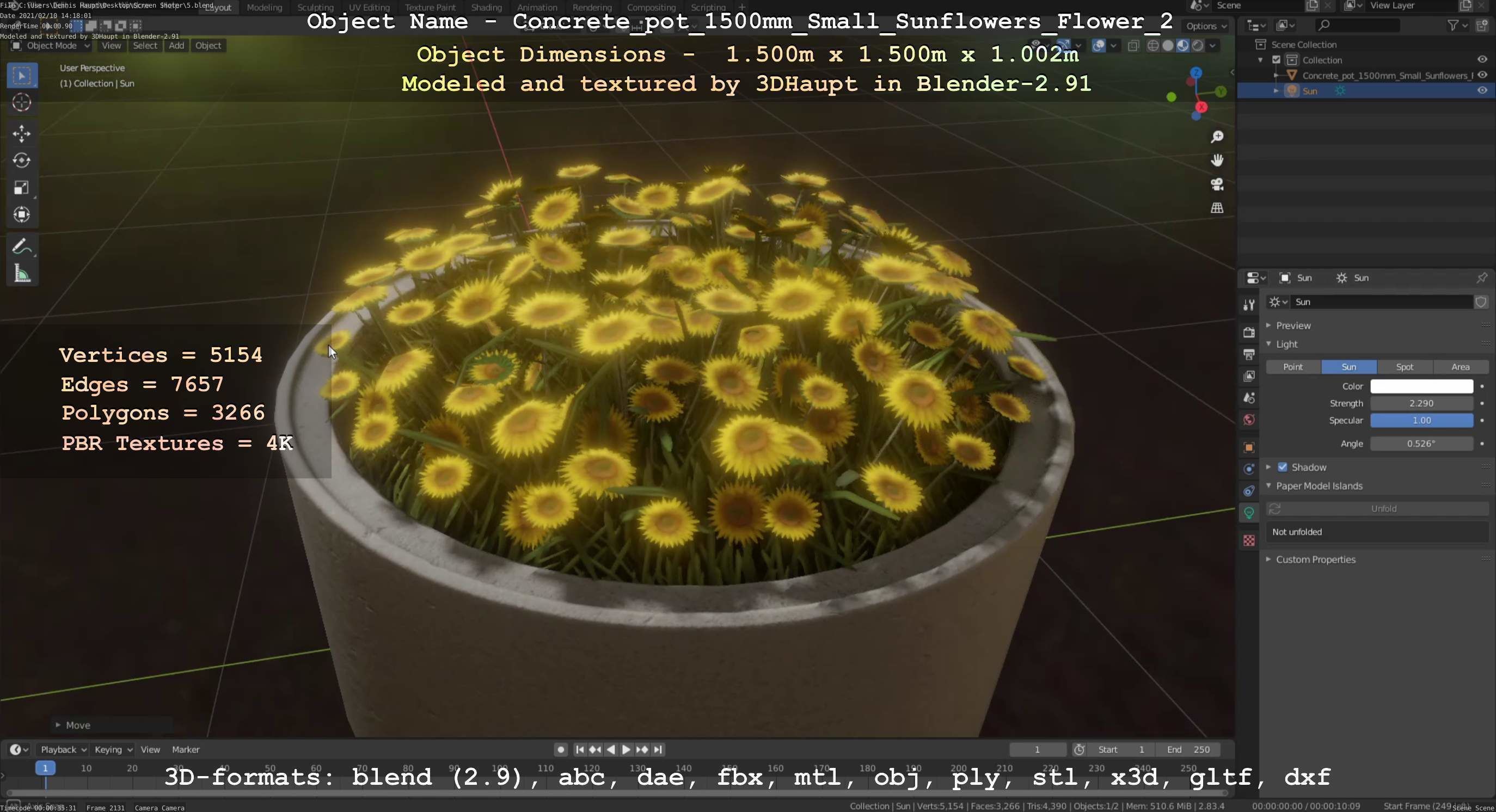 Concrete Pipe Pot 1500mm with Small Sunflowers Version 2 Low-poly 3D model_38