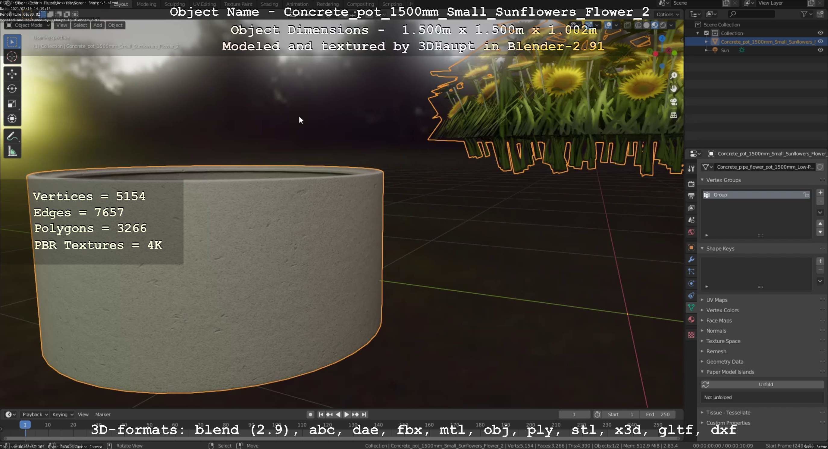 Concrete Pipe Pot 1500mm with Small Sunflowers Version 2 Low-poly 3D model_61