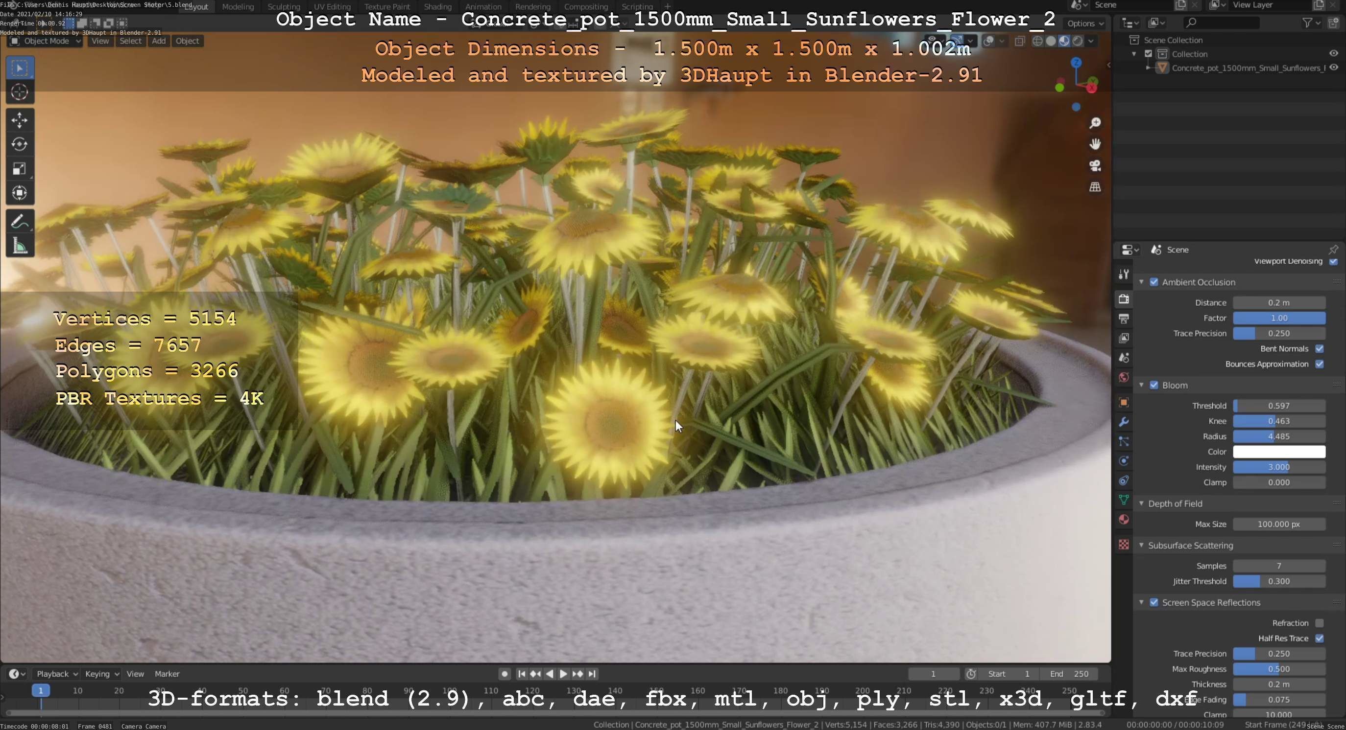 Concrete Pipe Pot 1500mm with Small Sunflowers Version 2 Low-poly 3D model_31