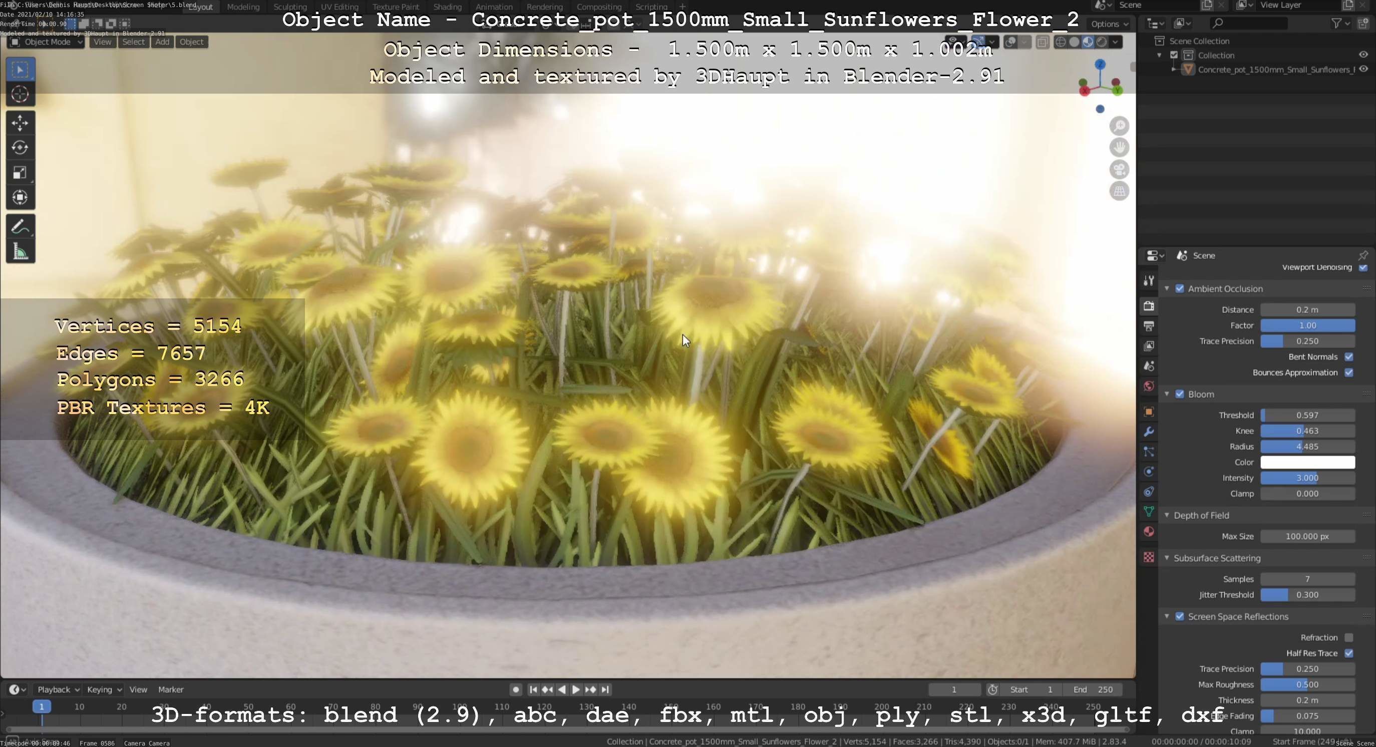 Concrete Pipe Pot 1500mm with Small Sunflowers Version 2 Low-poly 3D model_82