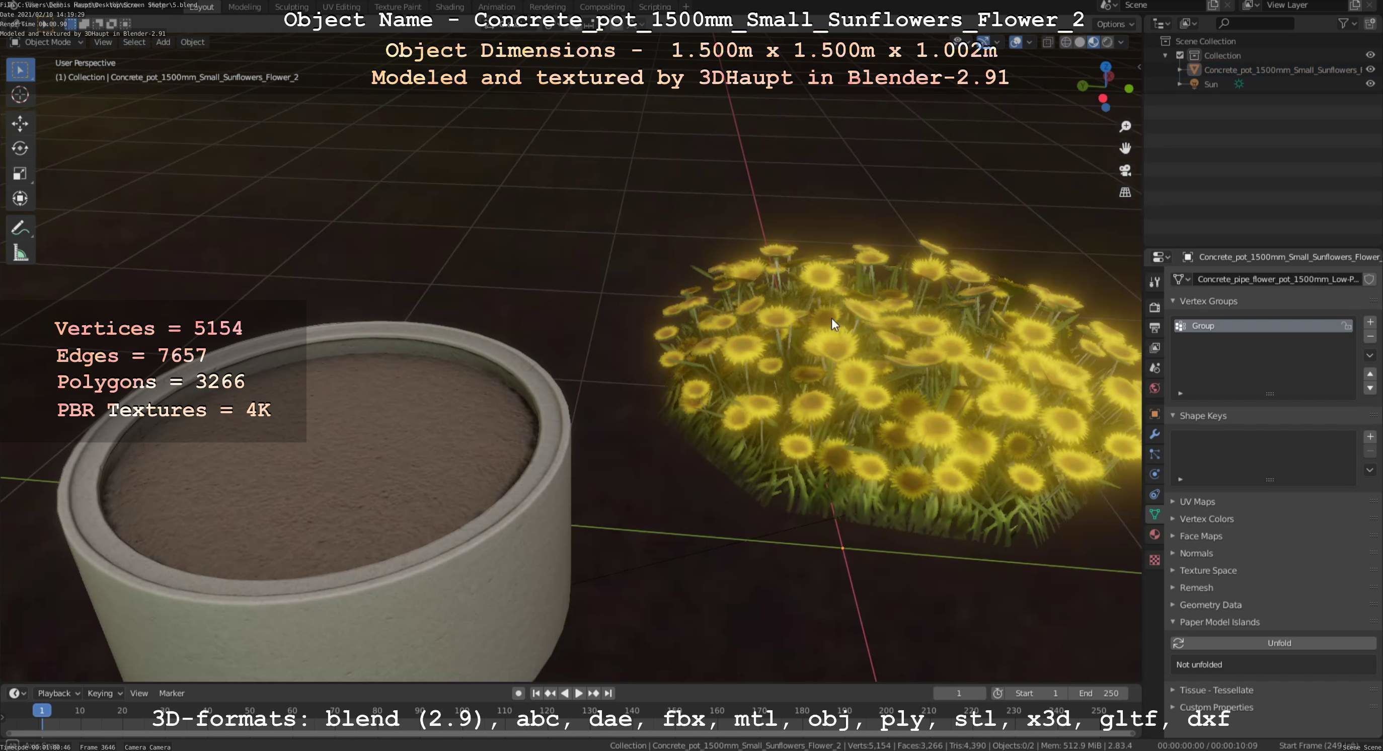 Concrete Pipe Pot 1500mm with Small Sunflowers Version 2 Low-poly 3D model_23