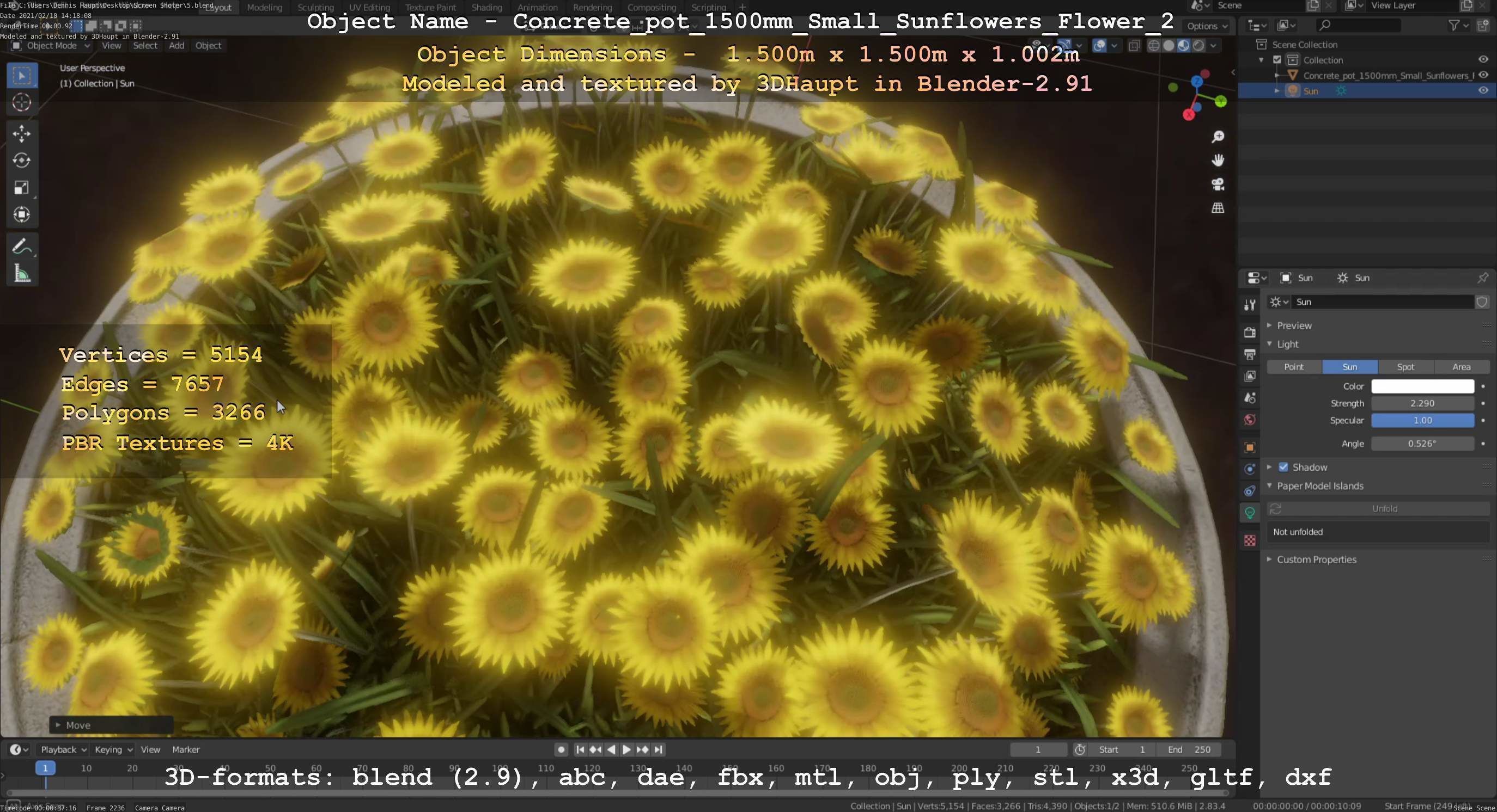 Concrete Pipe Pot 1500mm with Small Sunflowers Version 2 Low-poly 3D model_100