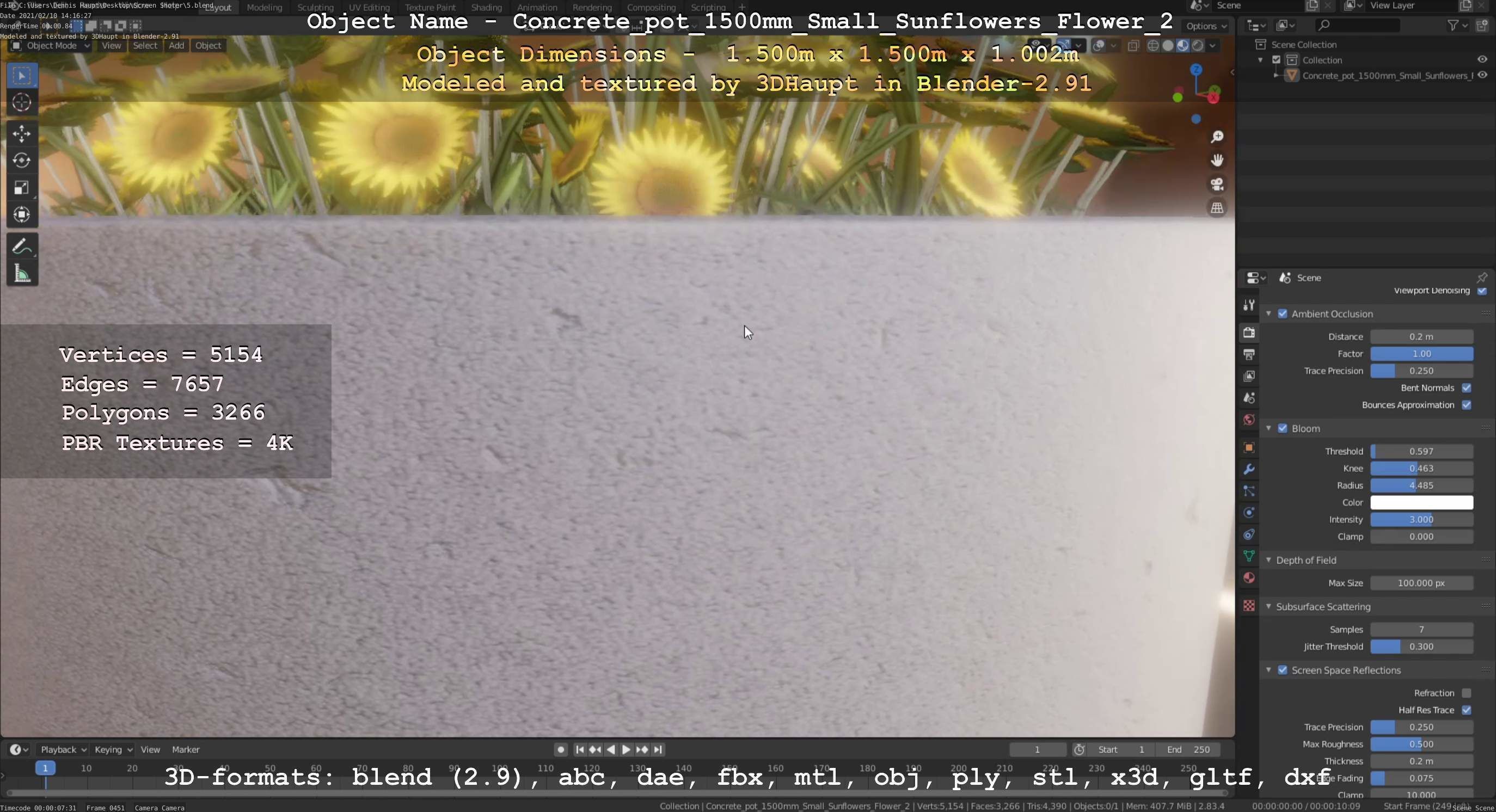 Concrete Pipe Pot 1500mm with Small Sunflowers Version 2 Low-poly 3D model_76