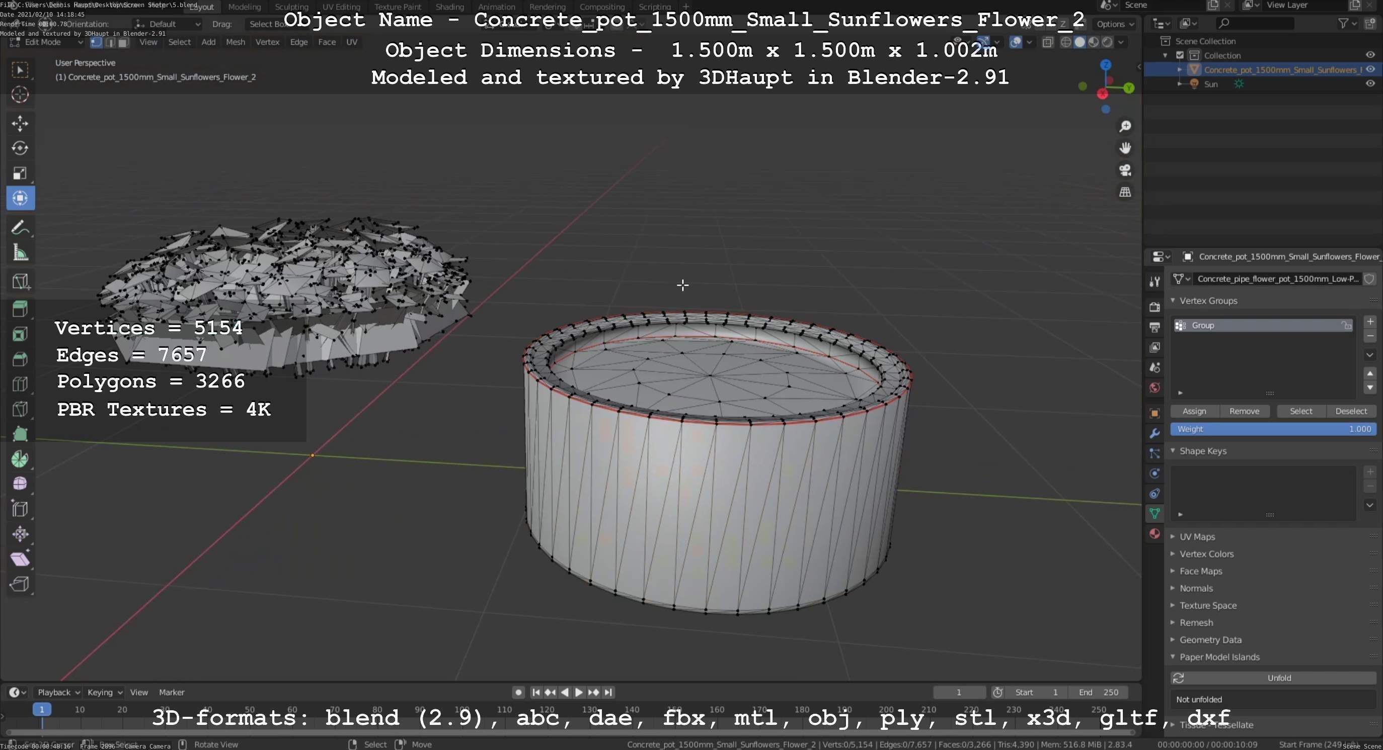 Concrete Pipe Pot 1500mm with Small Sunflowers Version 2 Low-poly 3D model_49