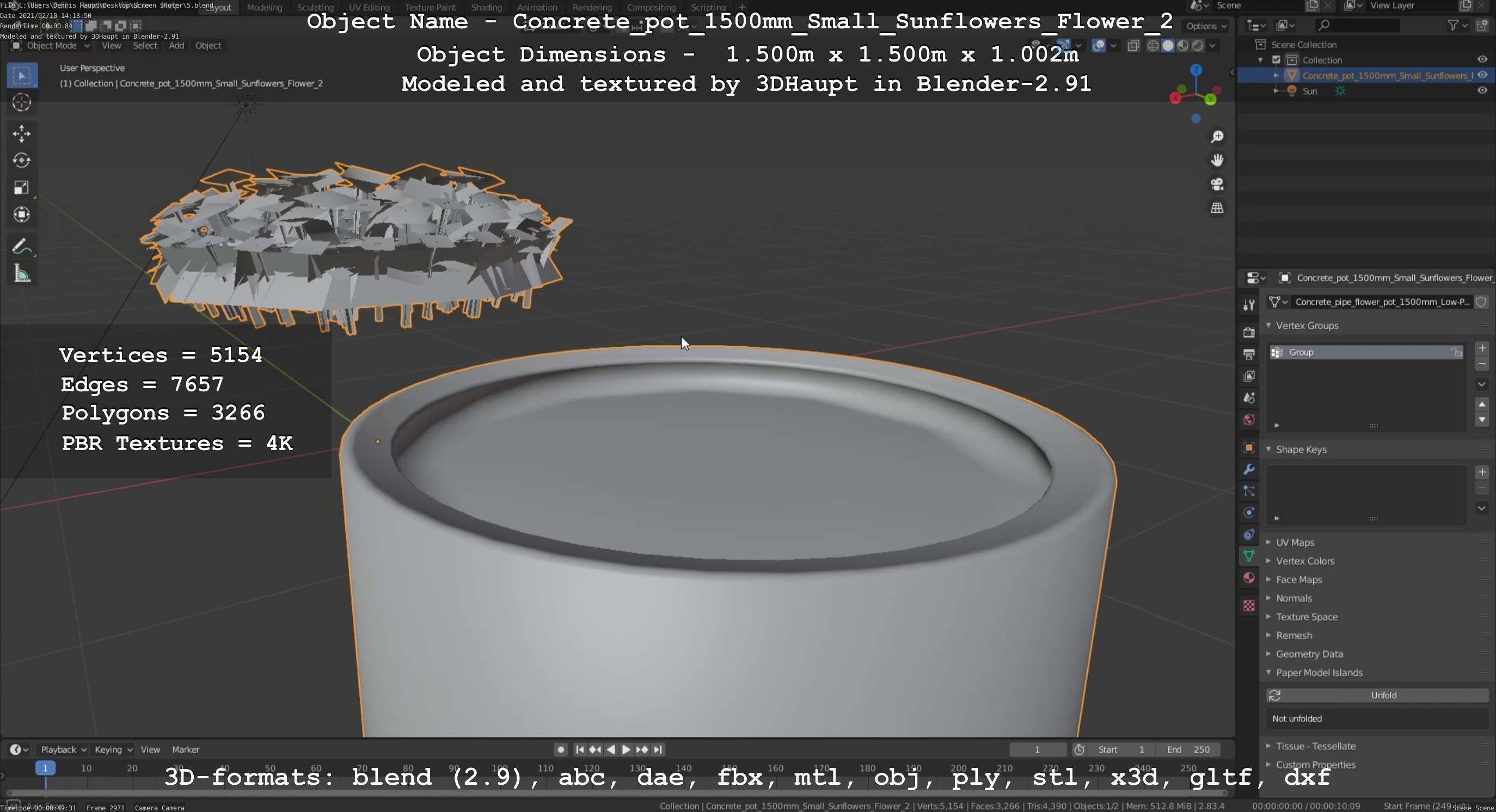 Concrete Pipe Pot 1500mm with Small Sunflowers Version 2 Low-poly 3D model_50