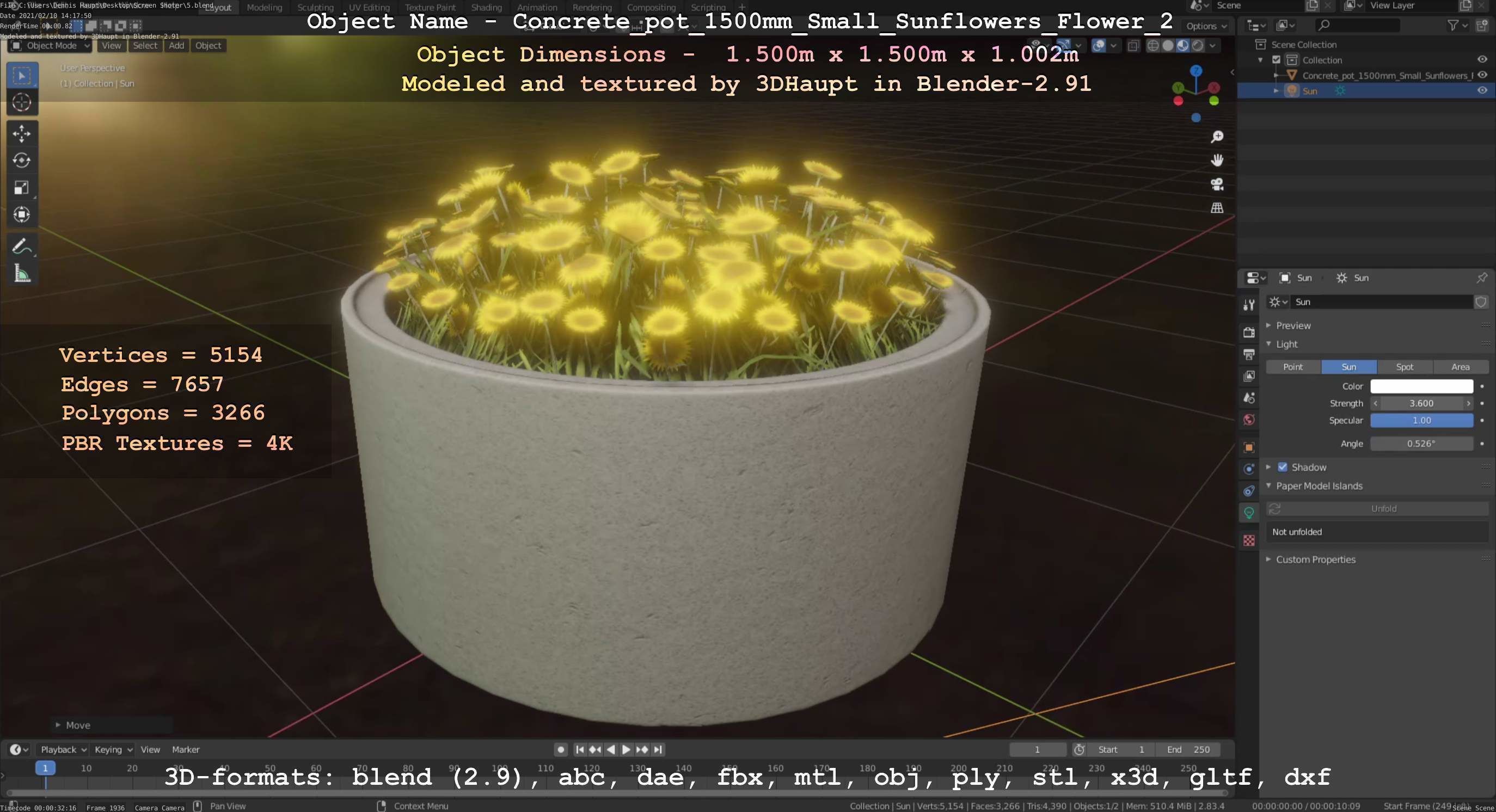 Concrete Pipe Pot 1500mm with Small Sunflowers Version 2 Low-poly 3D model_37