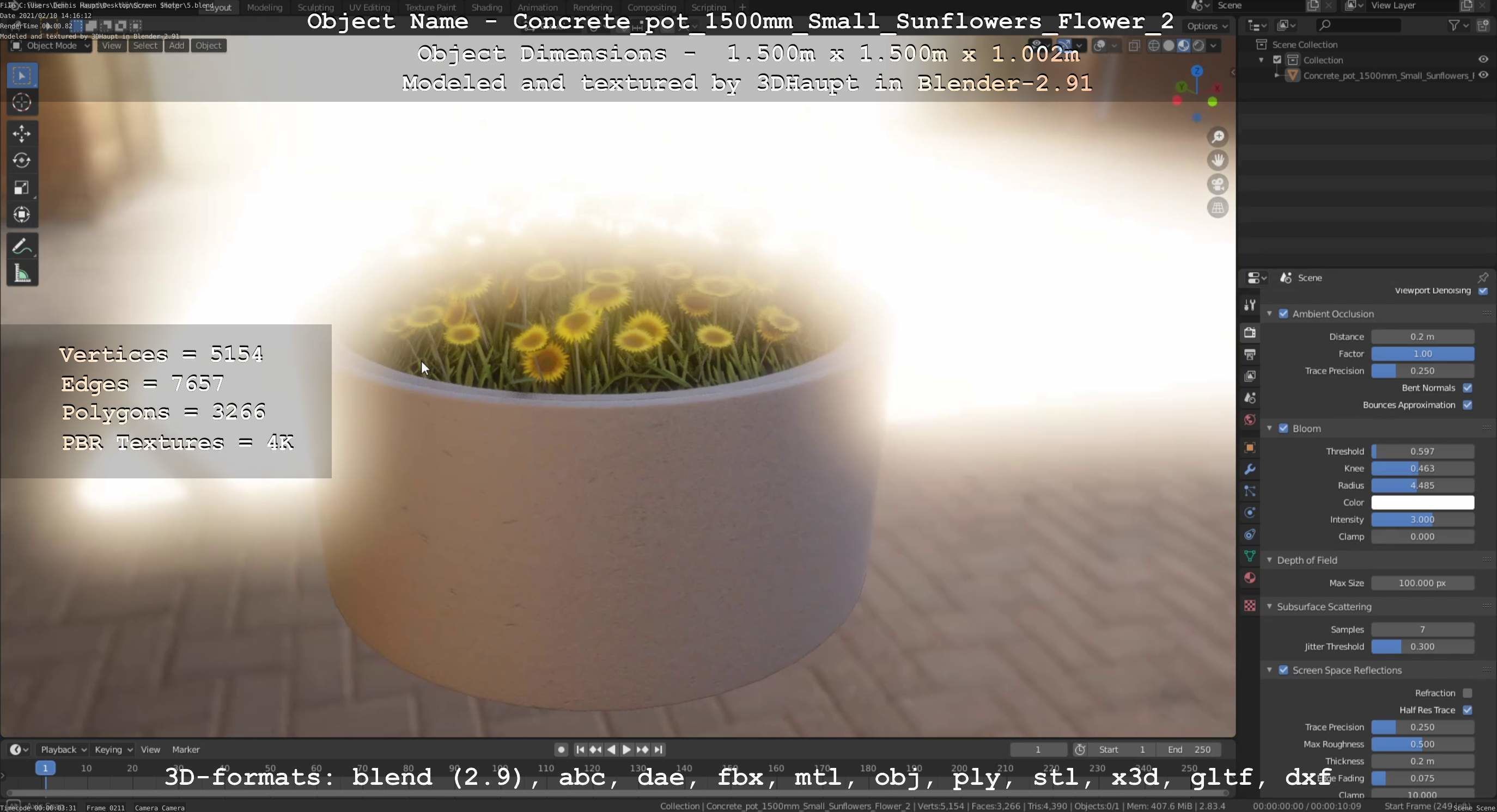 Concrete Pipe Pot 1500mm with Small Sunflowers Version 2 Low-poly 3D model_28