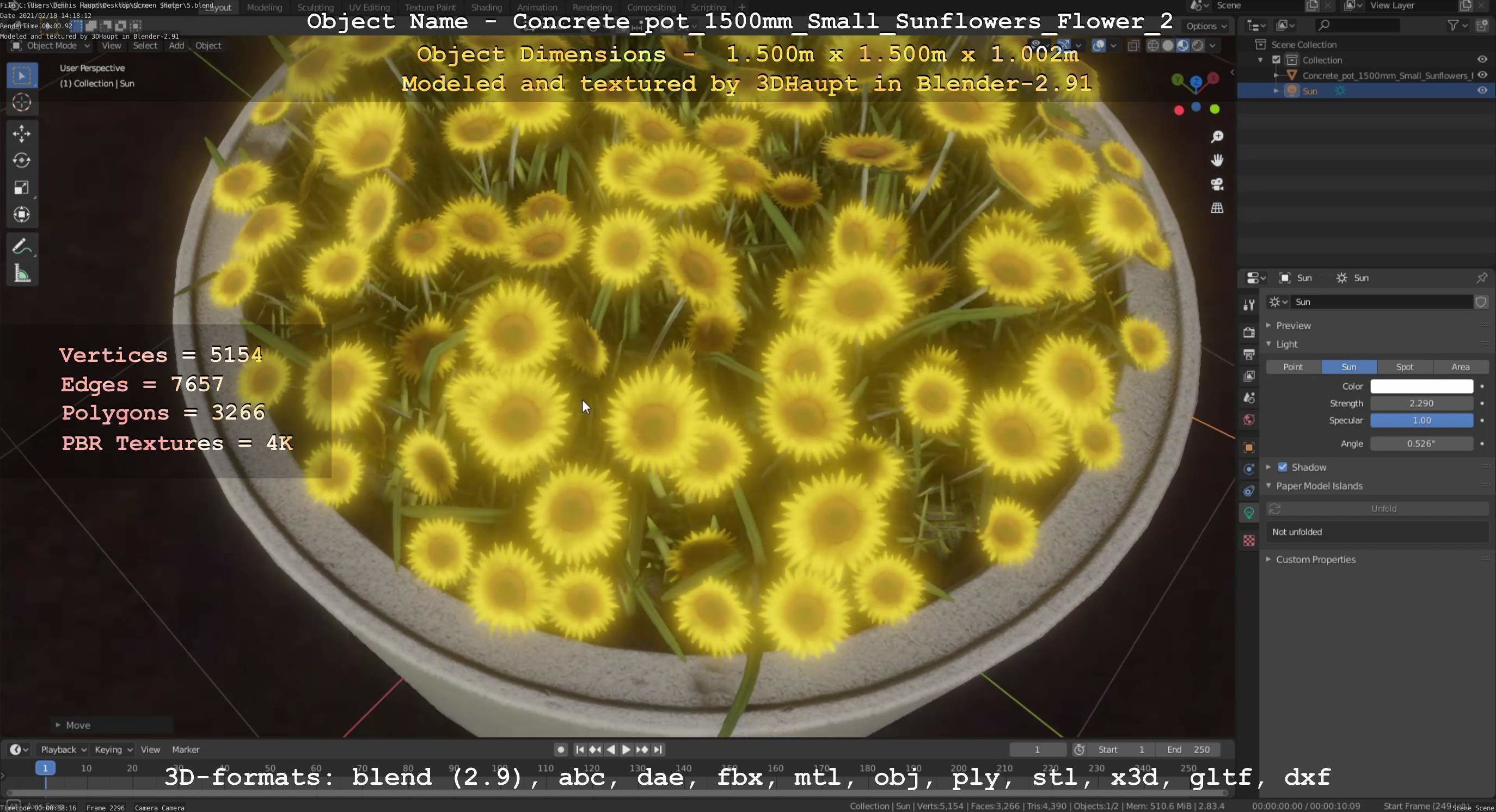 Concrete Pipe Pot 1500mm with Small Sunflowers Version 2 Low-poly 3D model_4