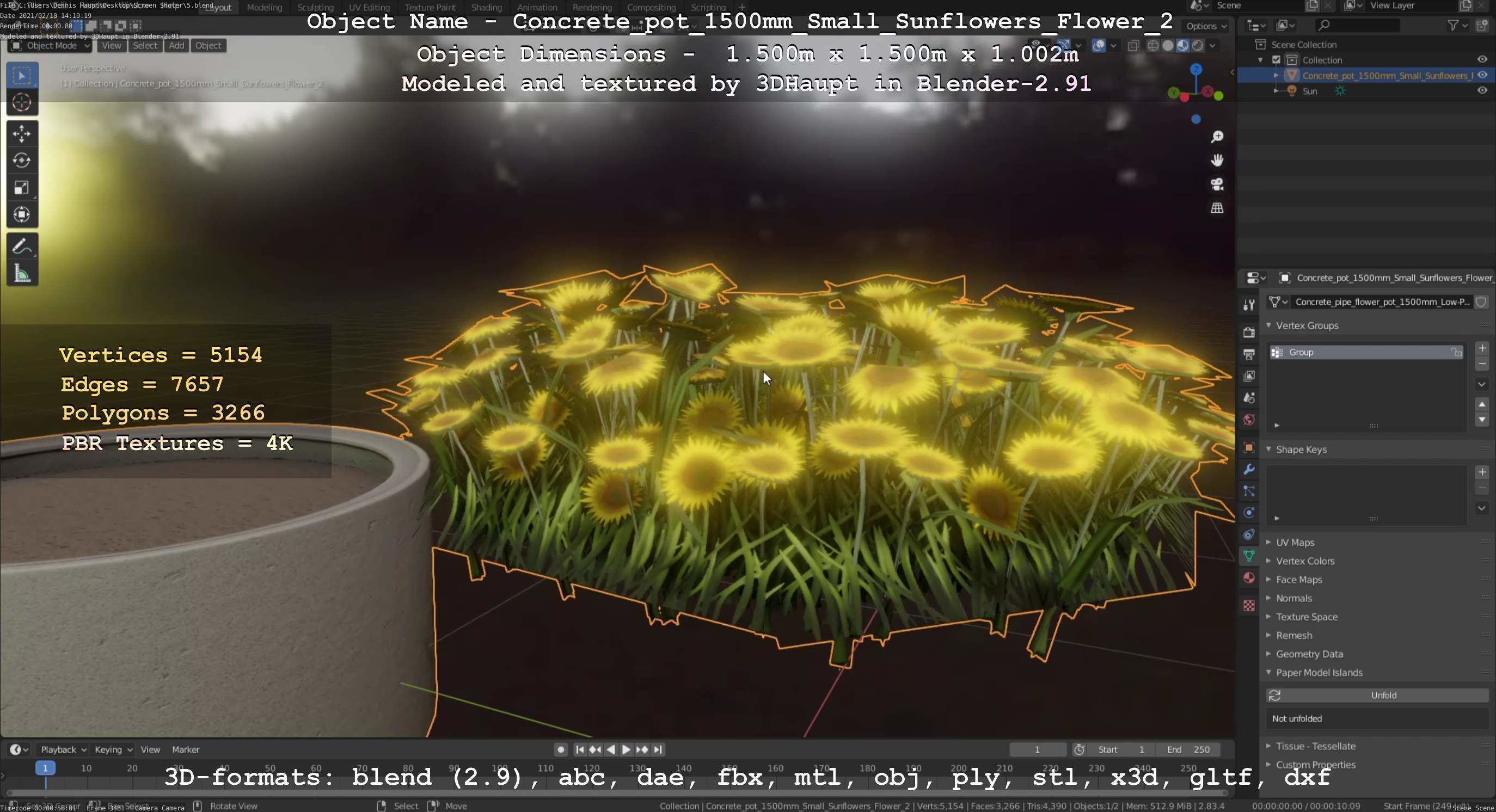 Concrete Pipe Pot 1500mm with Small Sunflowers Version 2 Low-poly 3D model_64