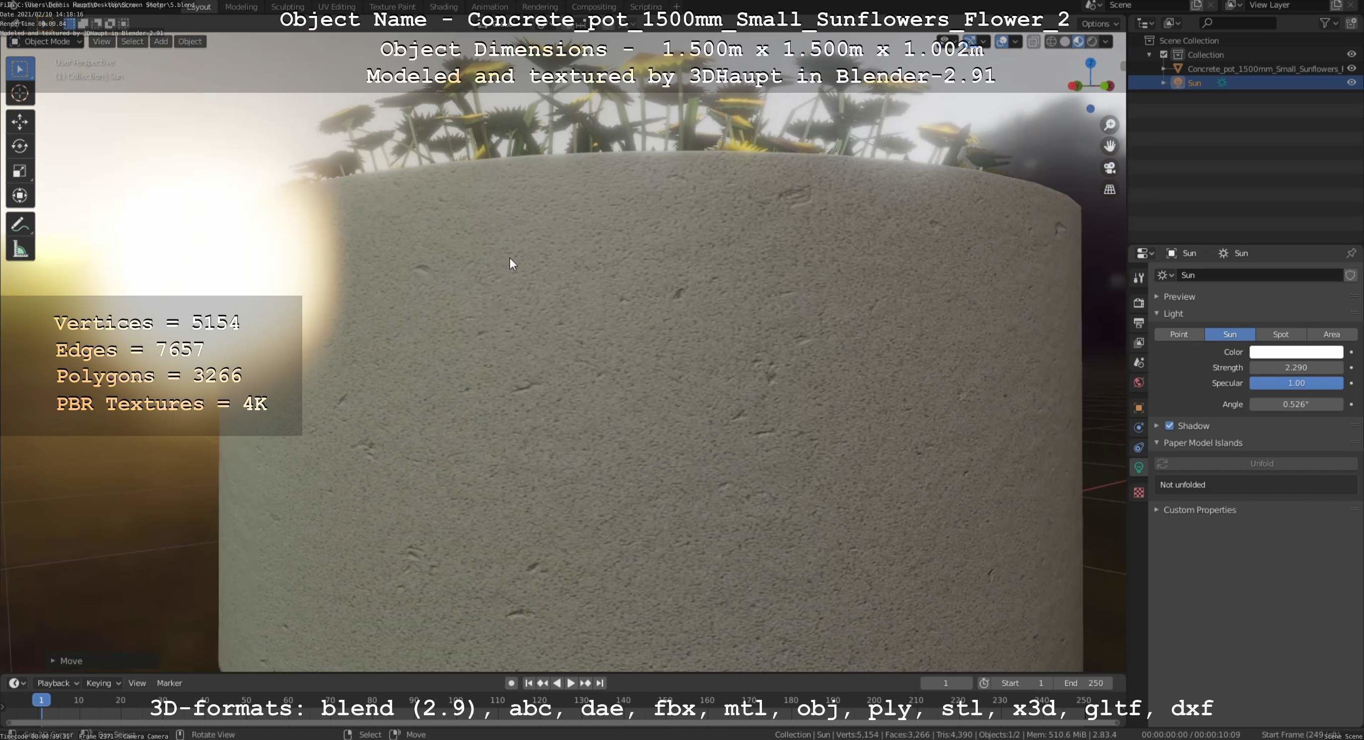 Concrete Pipe Pot 1500mm with Small Sunflowers Version 2 Low-poly 3D model_104