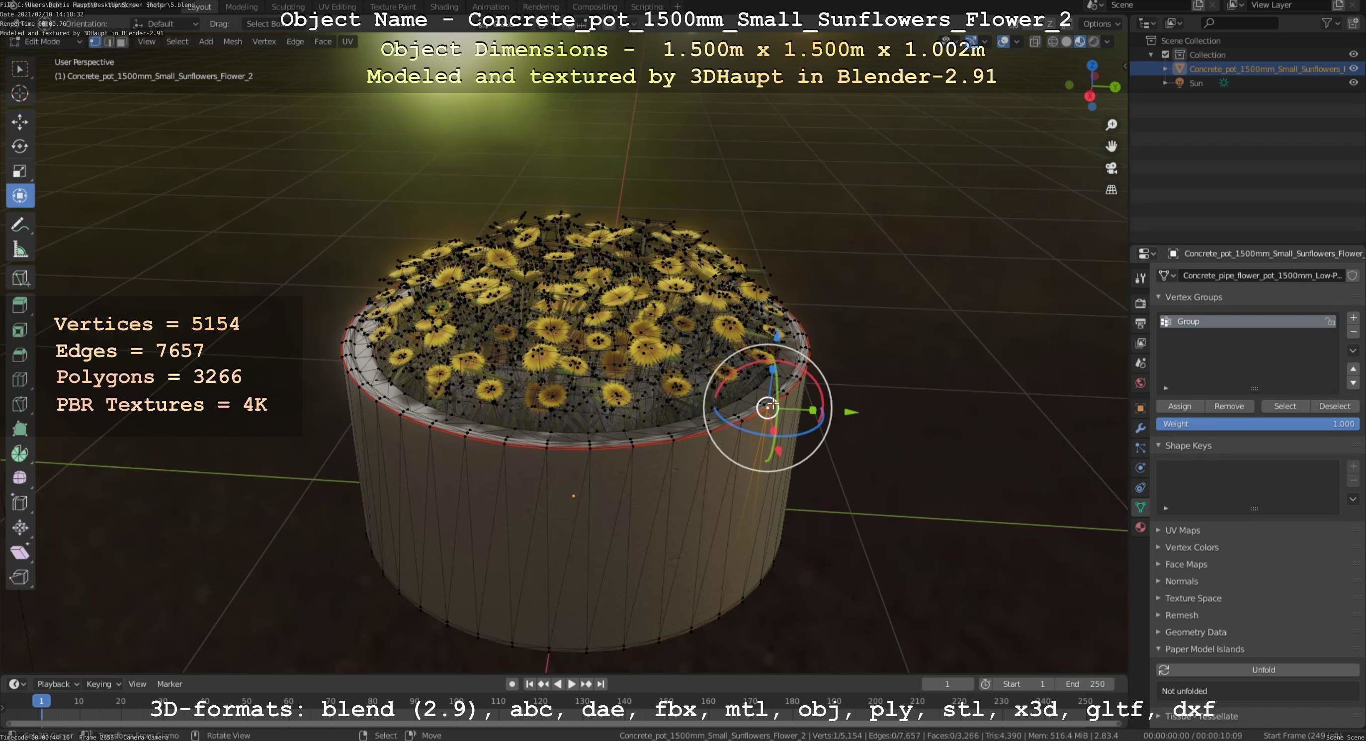 Concrete Pipe Pot 1500mm with Small Sunflowers Version 2 Low-poly 3D model_106