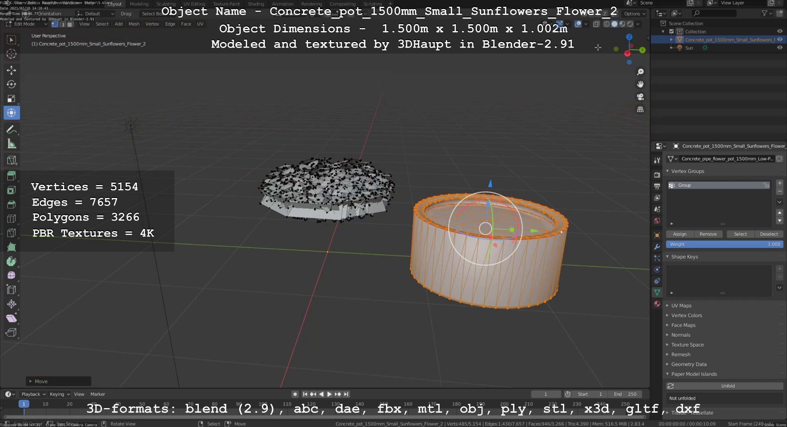 Concrete Pipe Pot 1500mm with Small Sunflowers Version 2 Low-poly 3D model_12