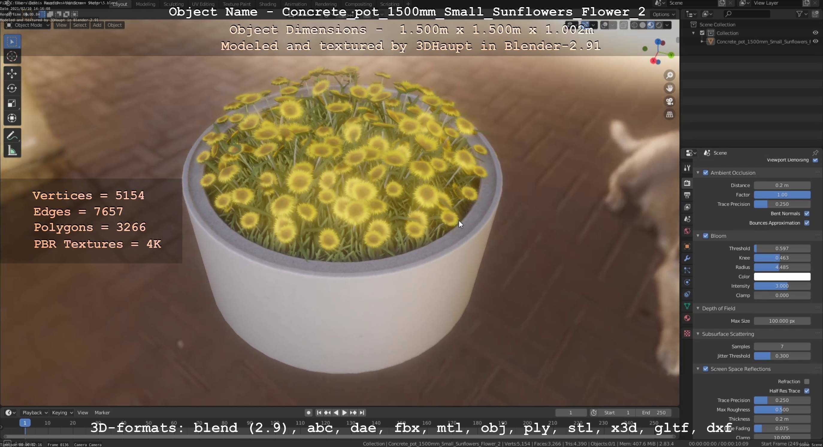 Concrete Pipe Pot 1500mm with Small Sunflowers Version 2 Low-poly 3D model_65