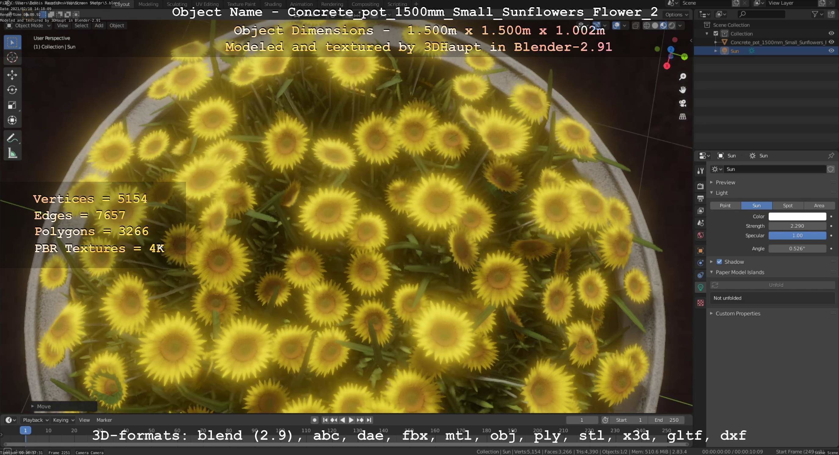 Concrete Pipe Pot 1500mm with Small Sunflowers Version 2 Low-poly 3D model_101