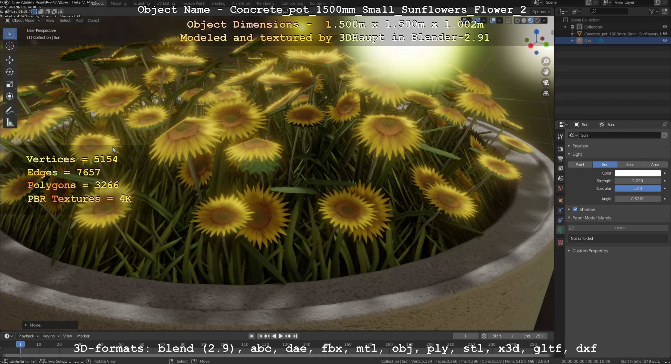 Concrete Pipe Pot 1500mm with Small Sunflowers Version 2 Low-poly 3D model_98