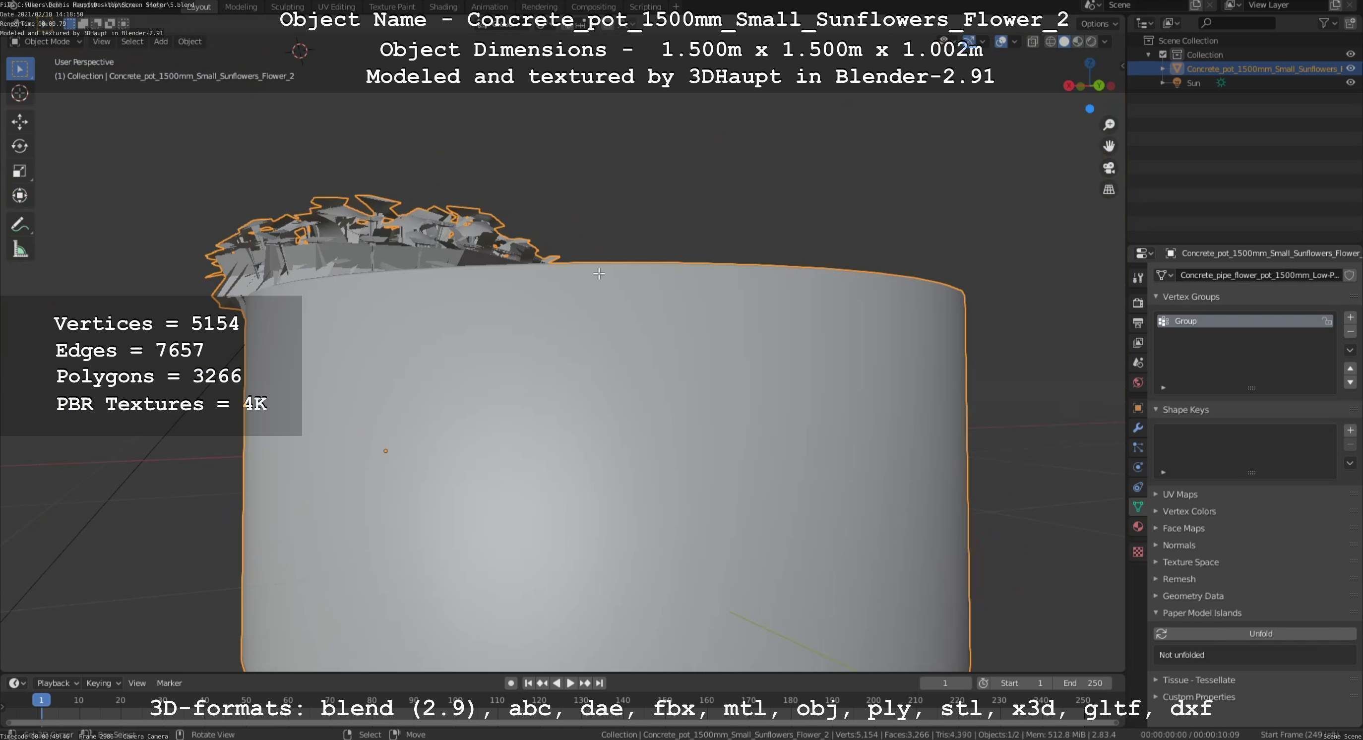 Concrete Pipe Pot 1500mm with Small Sunflowers Version 2 Low-poly 3D model_51
