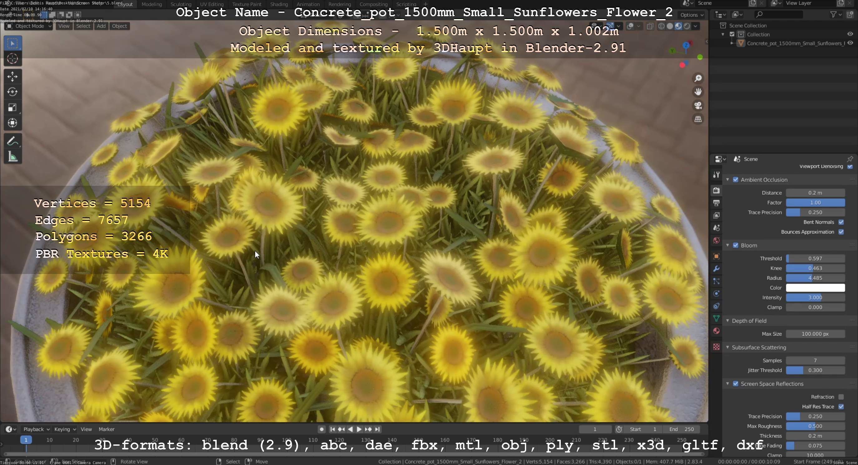 Concrete Pipe Pot 1500mm with Small Sunflowers Version 2 Low-poly 3D model_33
