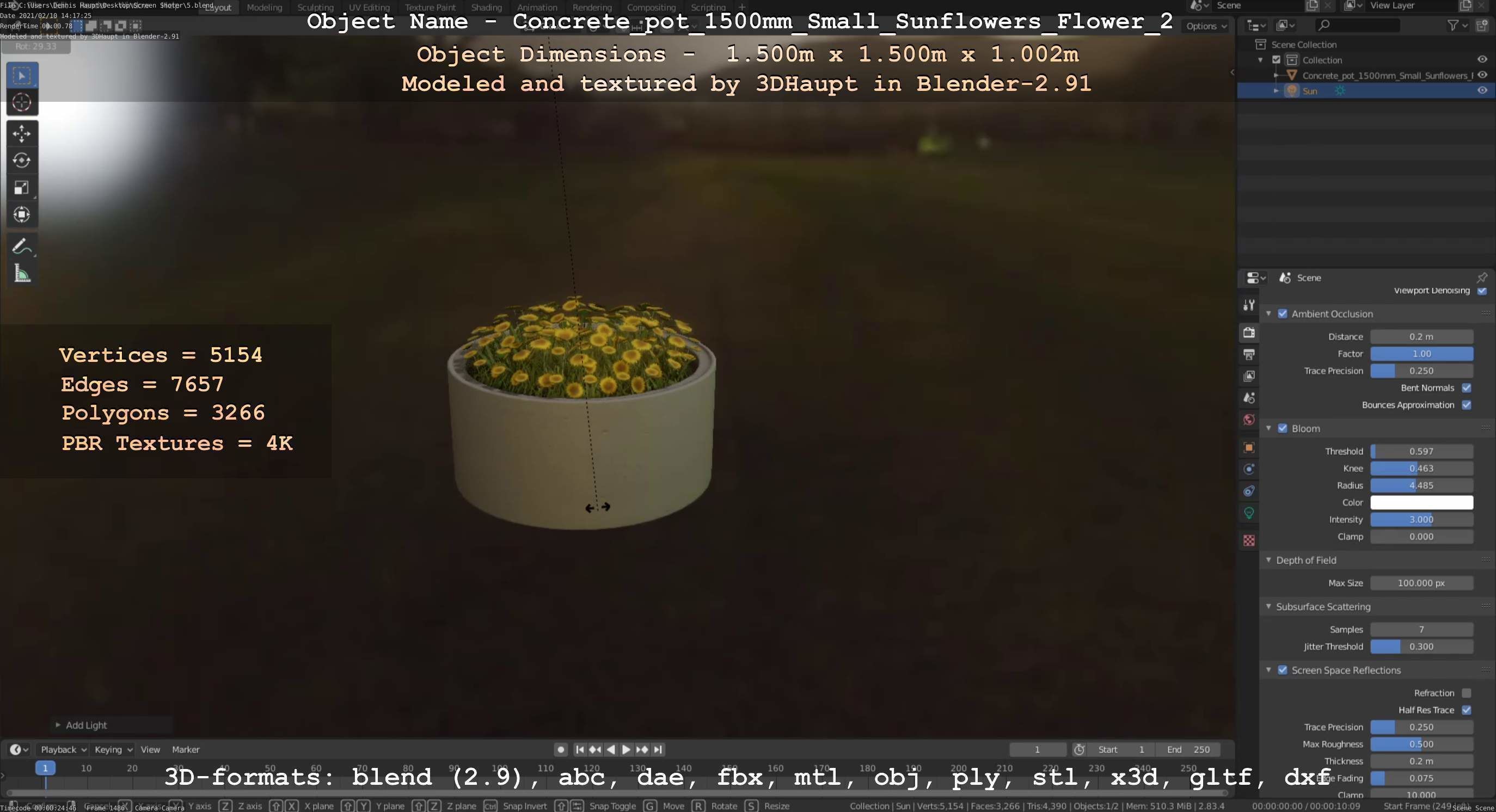 Concrete Pipe Pot 1500mm with Small Sunflowers Version 2 Low-poly 3D model_24