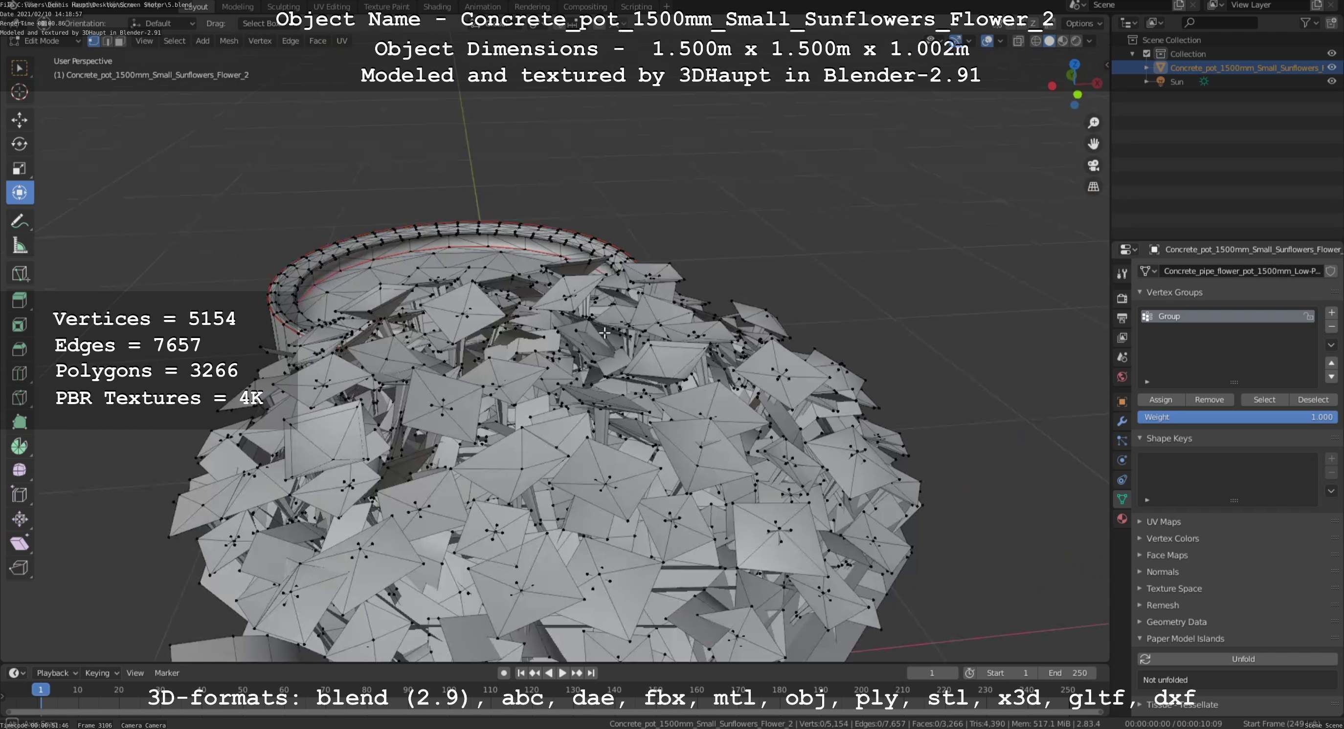 Concrete Pipe Pot 1500mm with Small Sunflowers Version 2 Low-poly 3D model_17